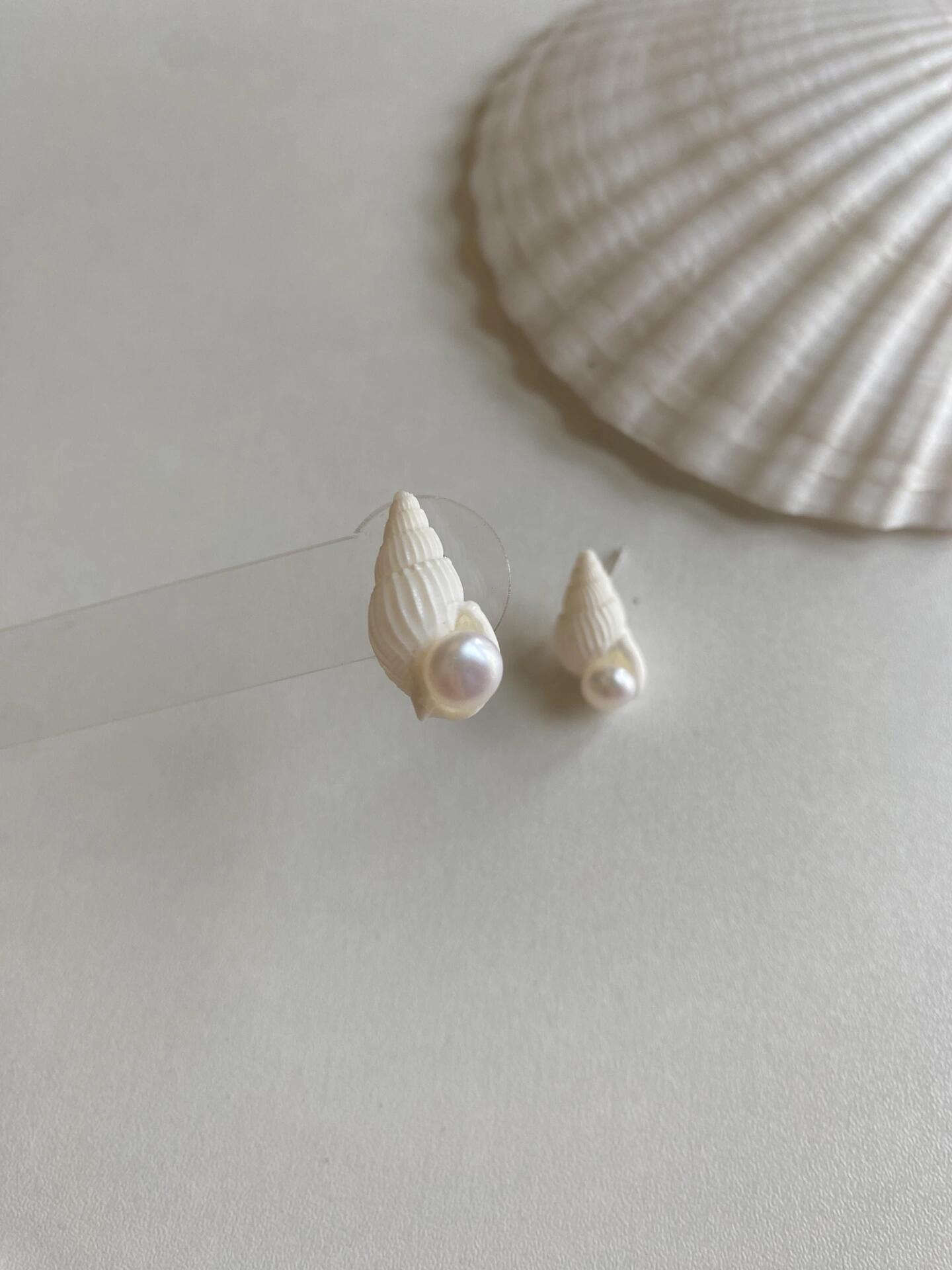 White Spiral Shell with Pearl Earrings