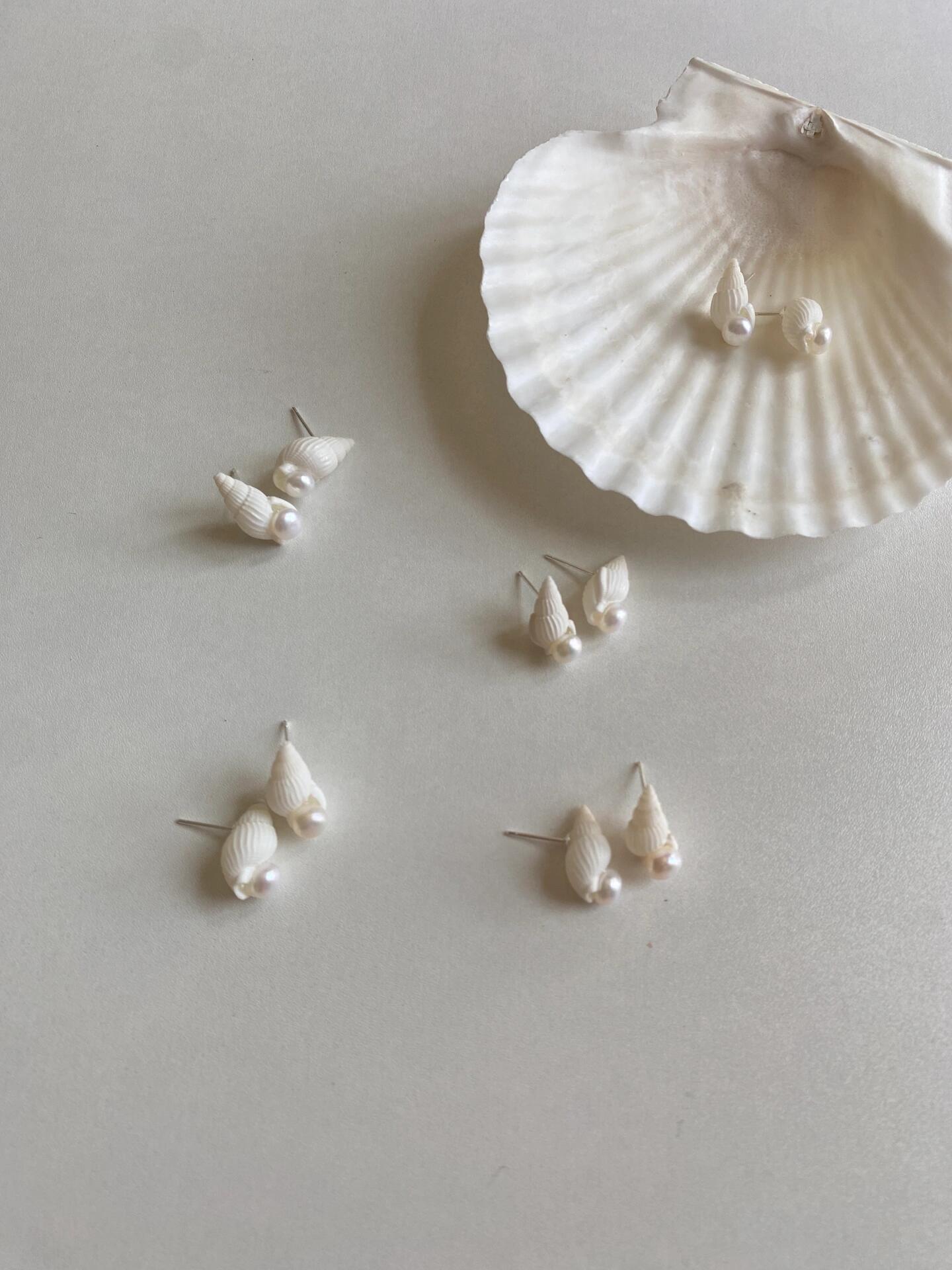 White Spiral Shell with Pearl Earrings