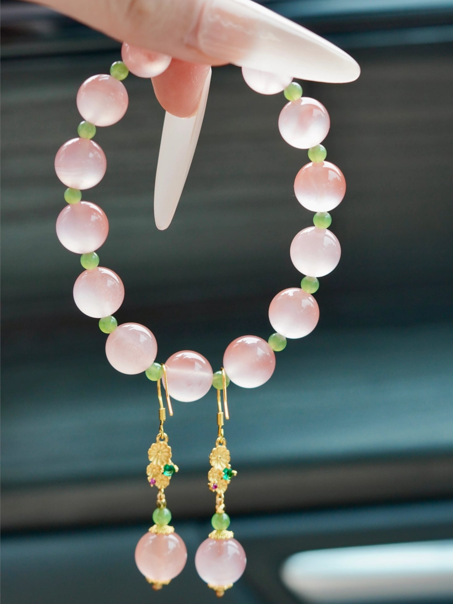 Blush Agate & Emerald Jade Treasure Crystal Bracelet