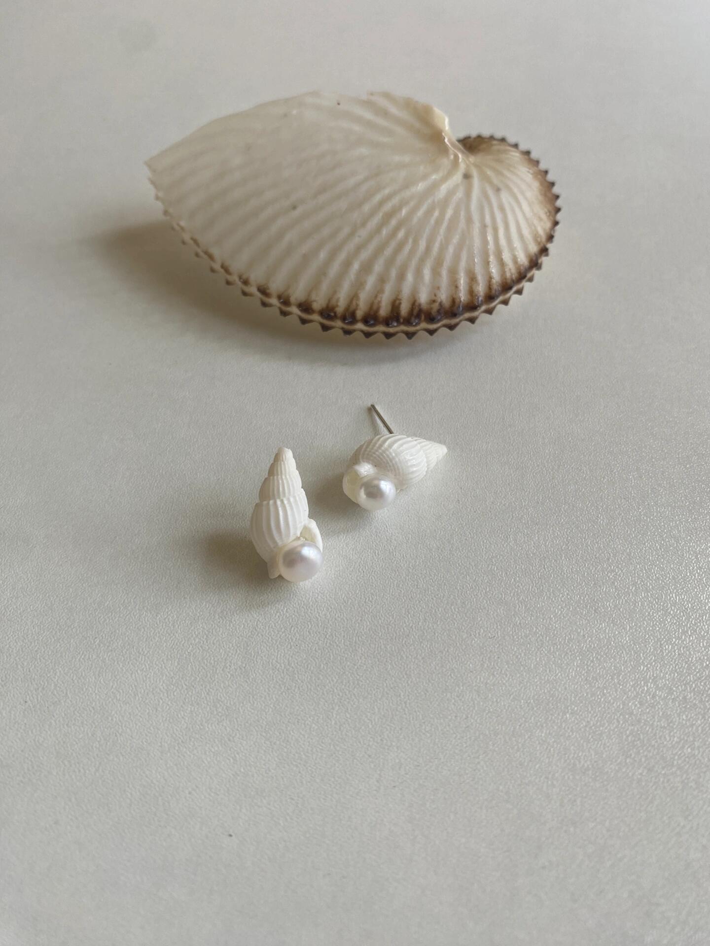 White Spiral Shell with Pearl Earrings