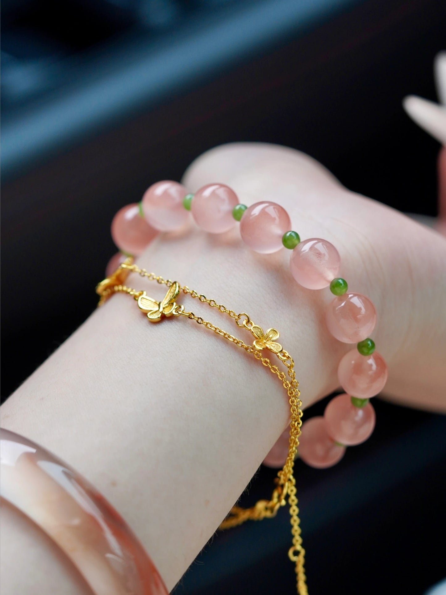Blush Agate & Emerald Jade Treasure Crystal Bracelet