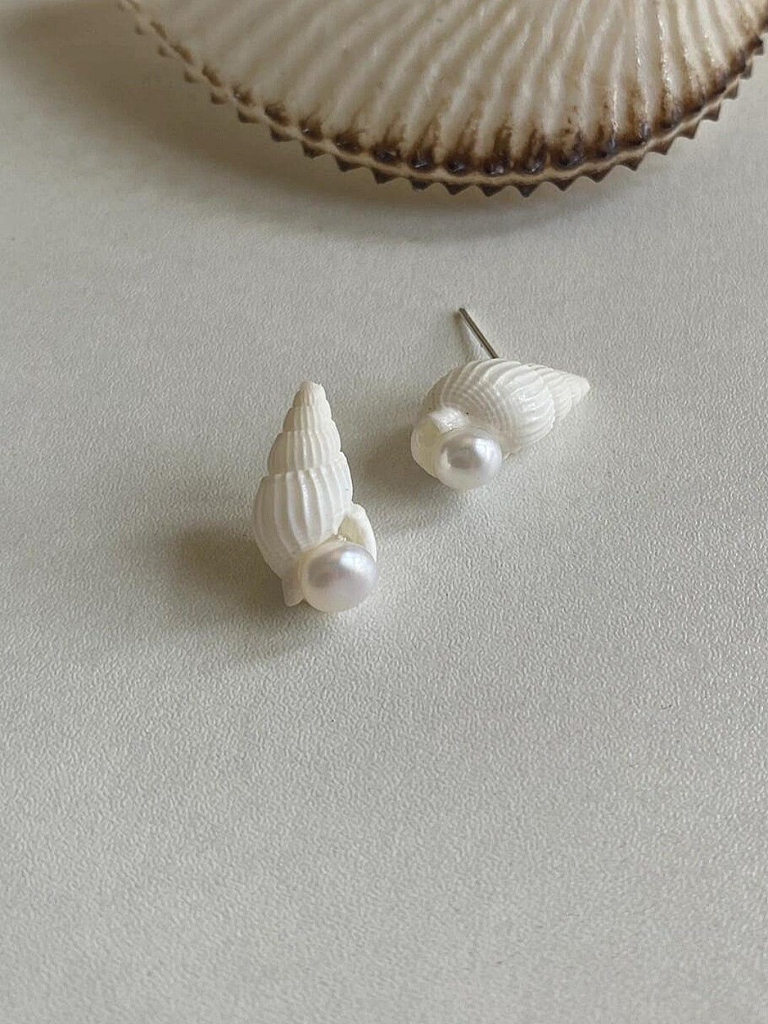 White Spiral Shell with Pearl Earrings