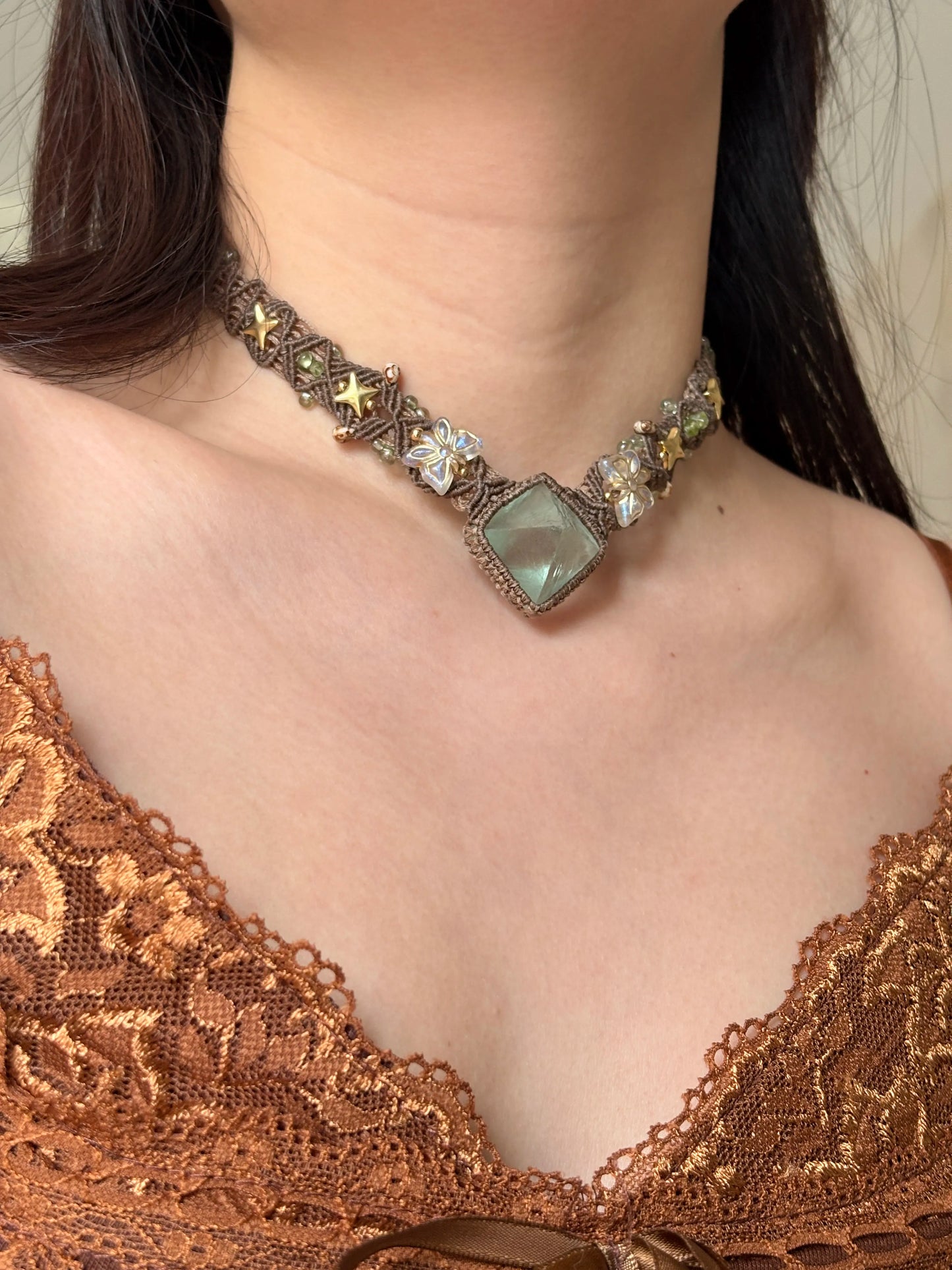 Green Fluorite Floral Macrame Necklace