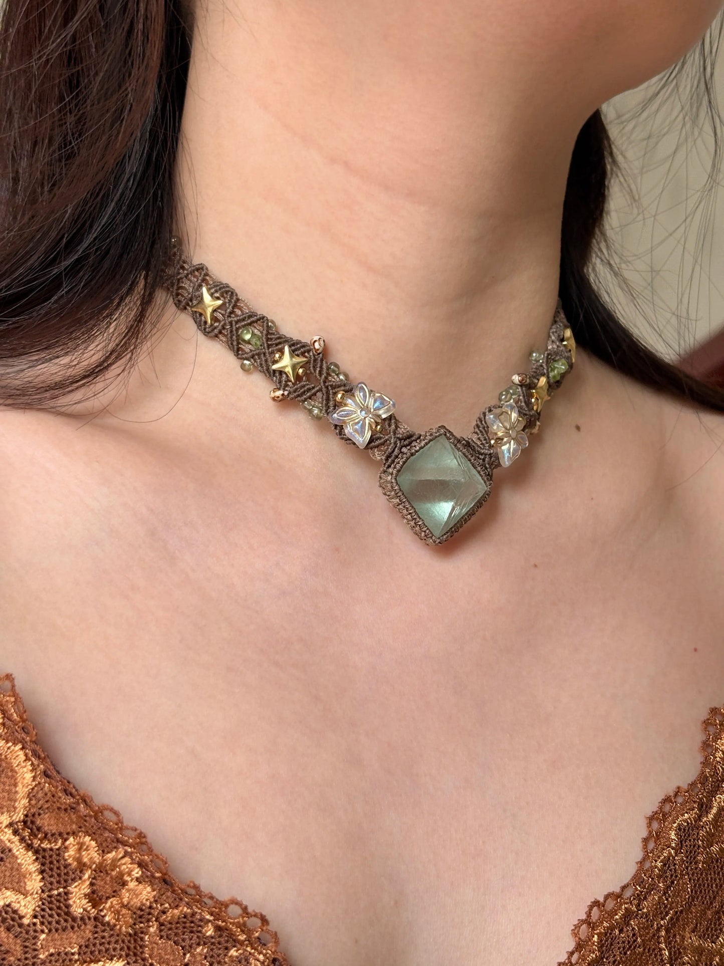 Green Fluorite Floral Macrame Necklace