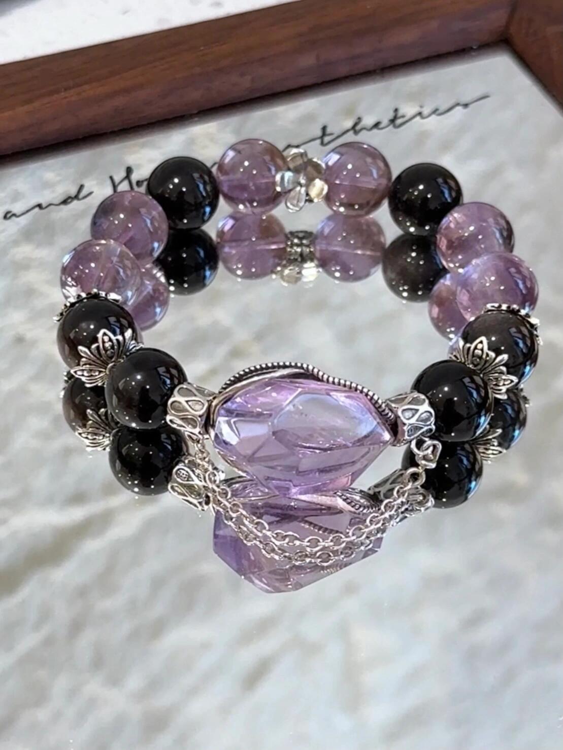 Goth Style Amethyst & Obsidian Bracelet