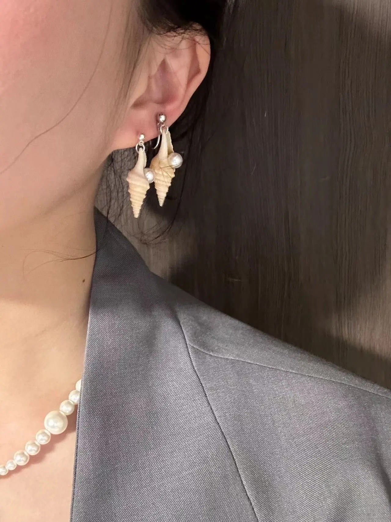 Spiral Shell with Pearl Earrings