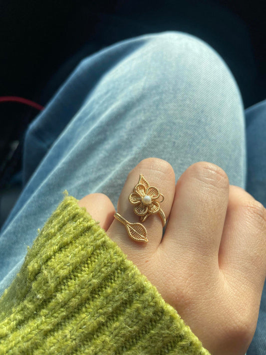 Golden Flower with Pearl Ring