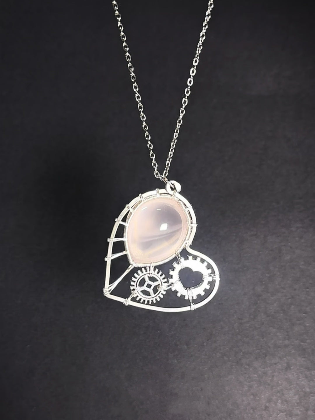 Rose Quartz Gear Heart Pendant Necklace