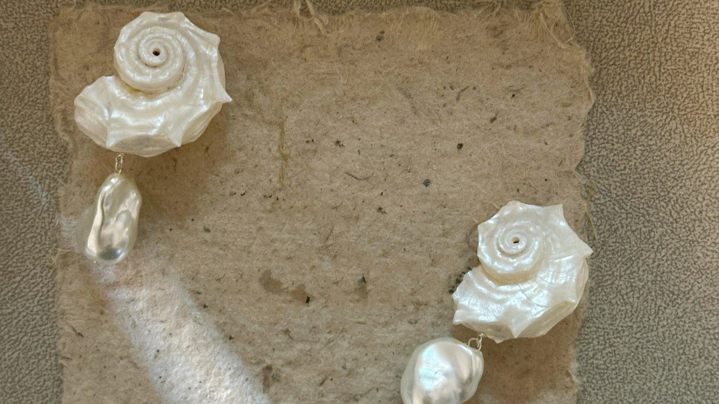 Conch Shell with Pearl Teardrop Earrings