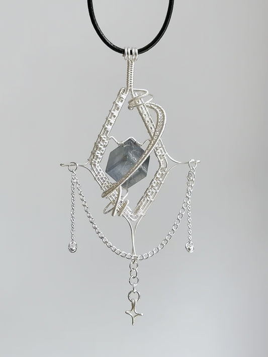 Silver-Woven Crystal Prism Pendant Necklace