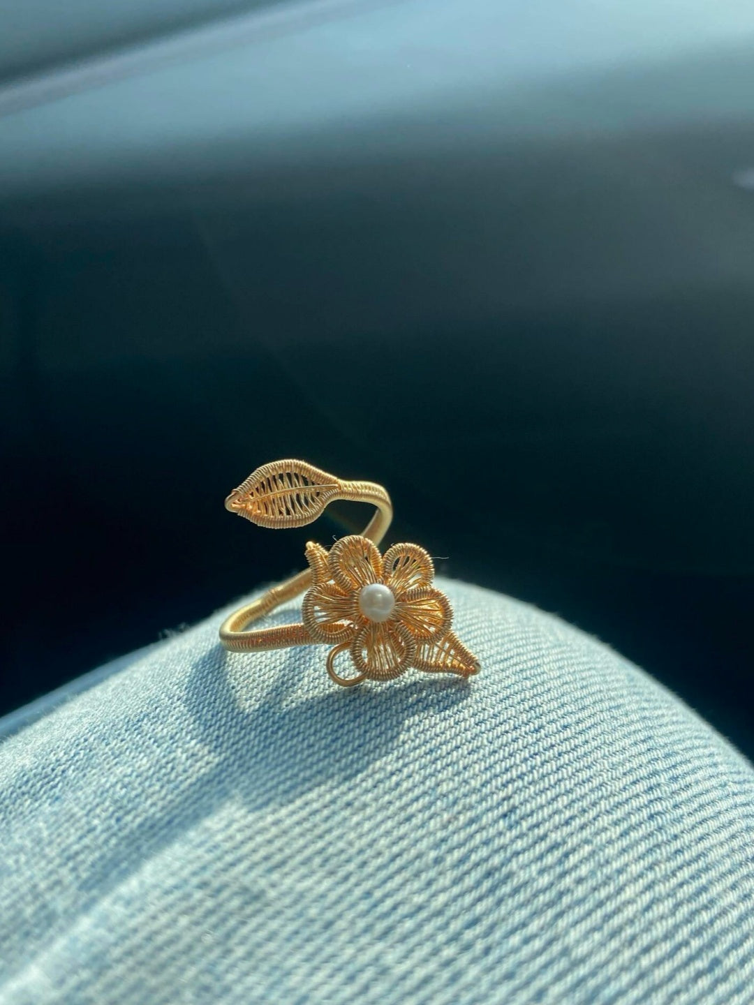 Golden Flower with Pearl Ring