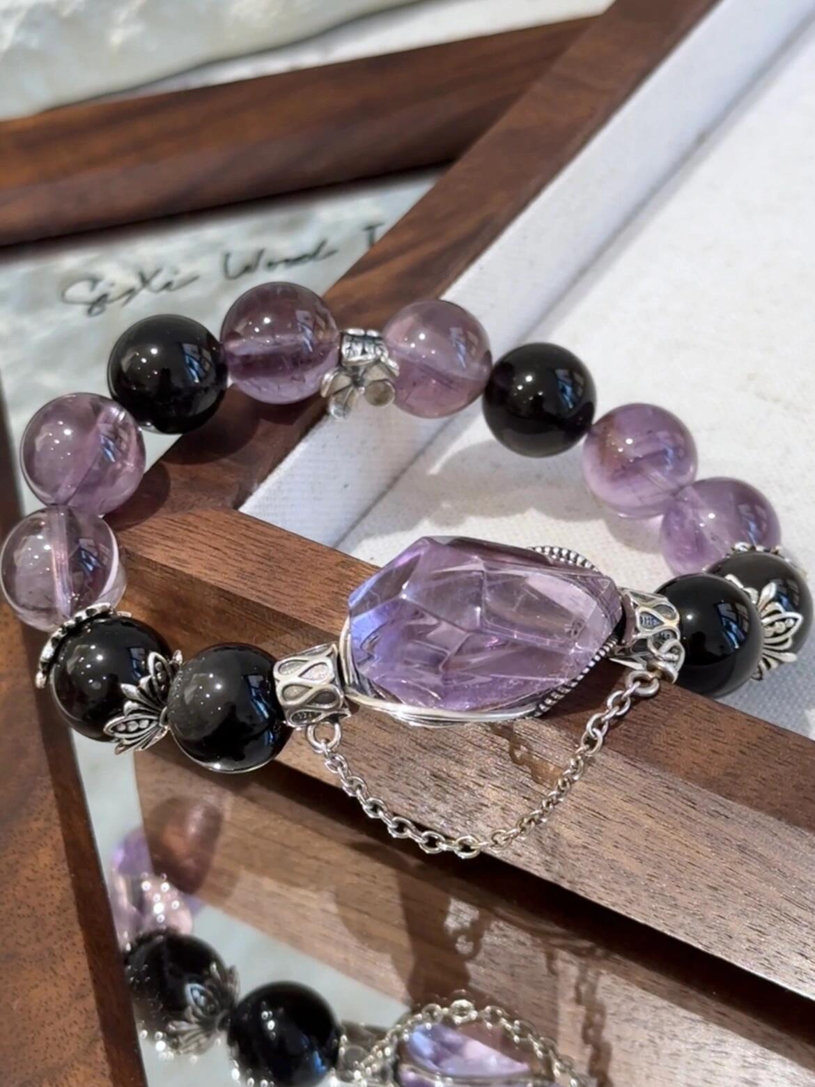 Goth Style Amethyst & Obsidian Bracelet