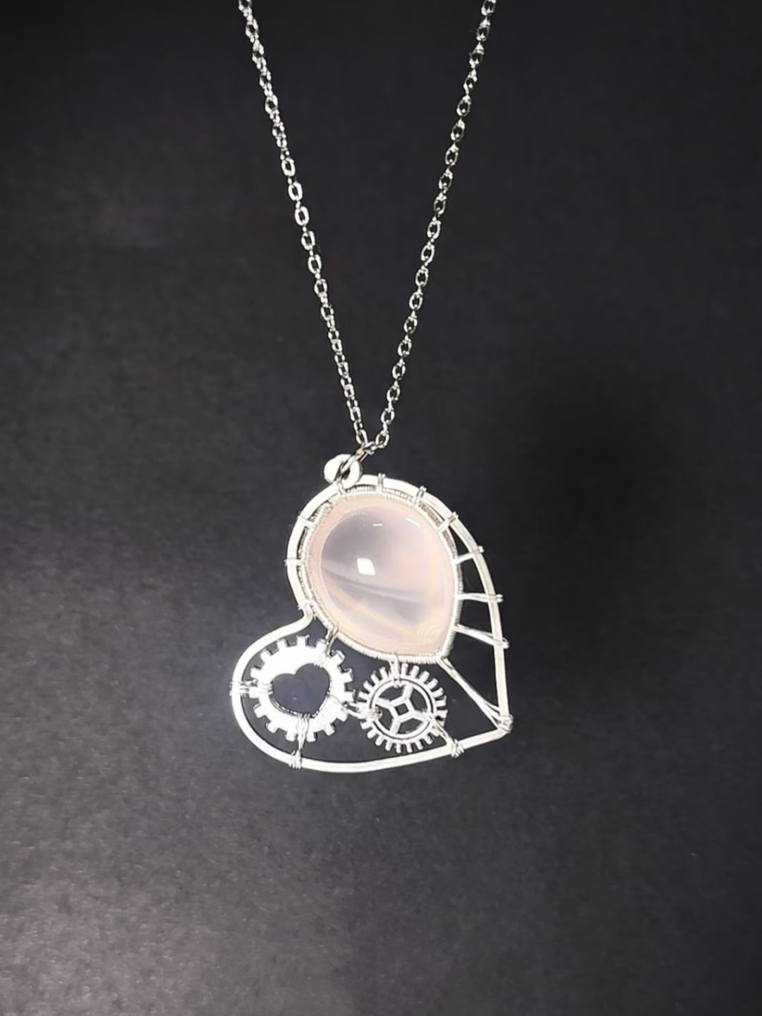 Rose Quartz Gear Heart Pendant Necklace