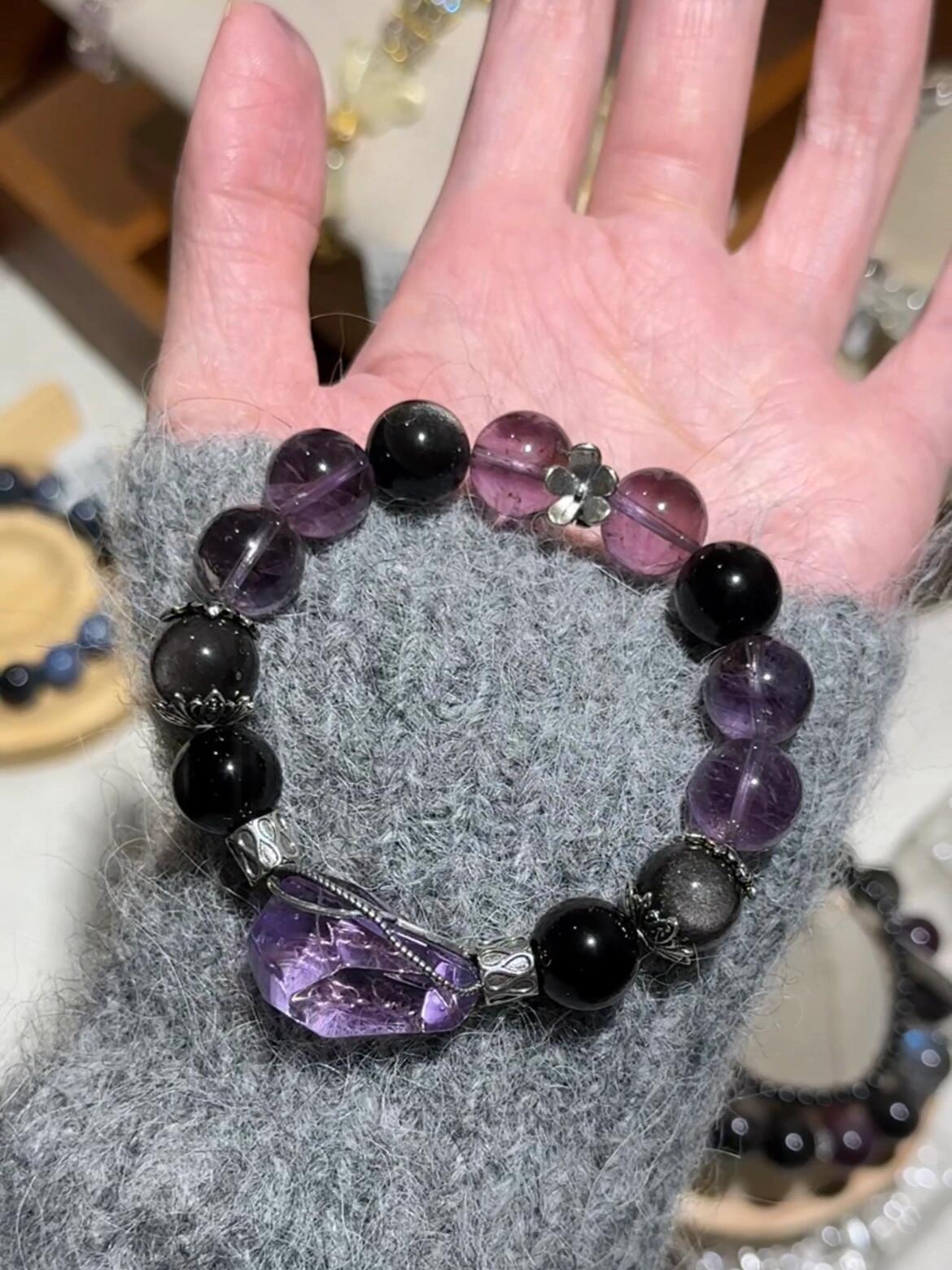Goth Style Amethyst & Obsidian Bracelet