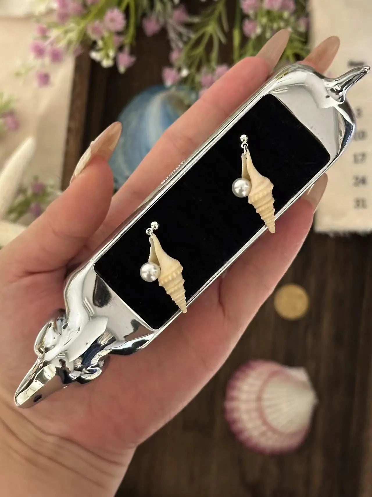 Spiral Shell with Pearl Earrings