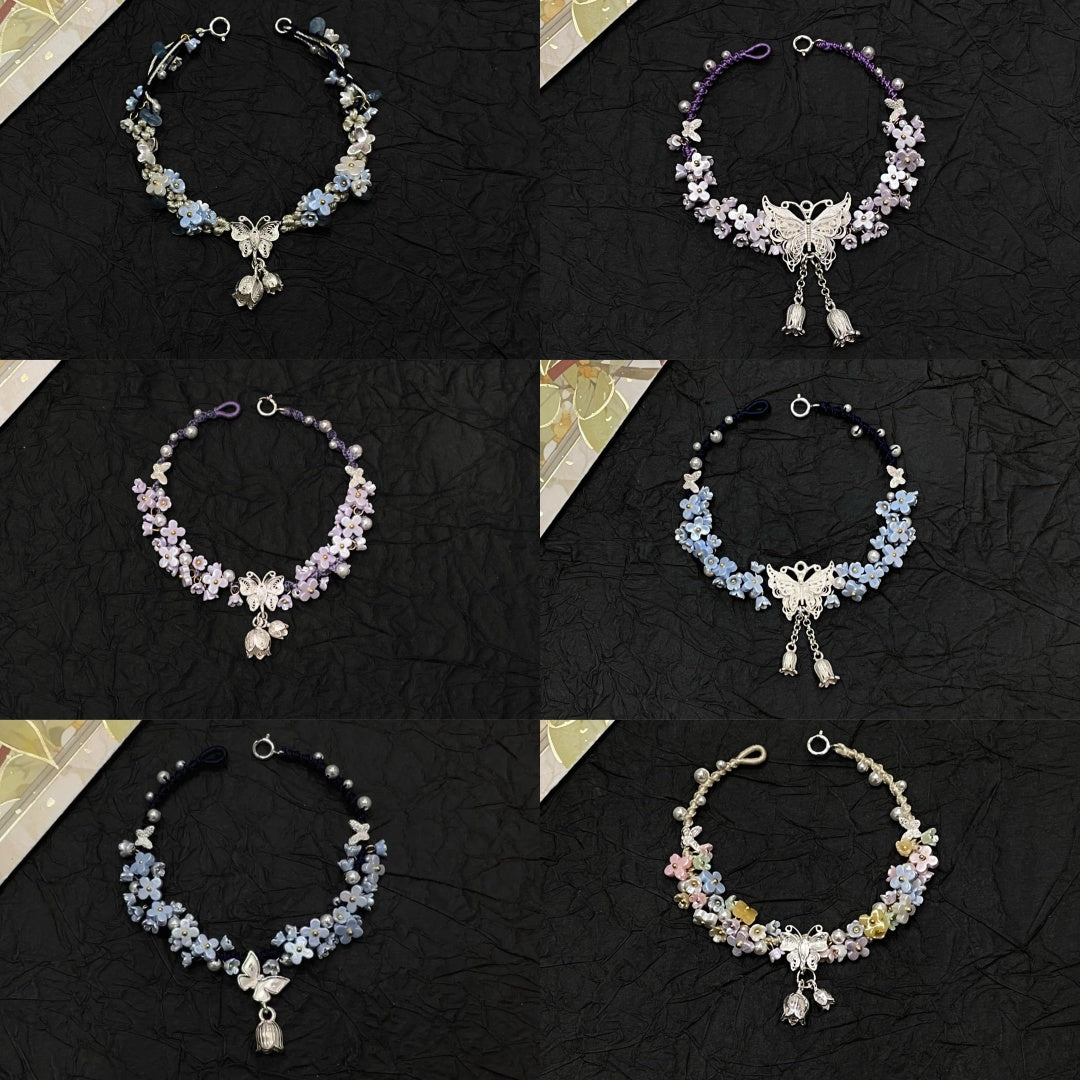 Silver Butterfly in Flowers - Handmade Braided Rope Bracelet