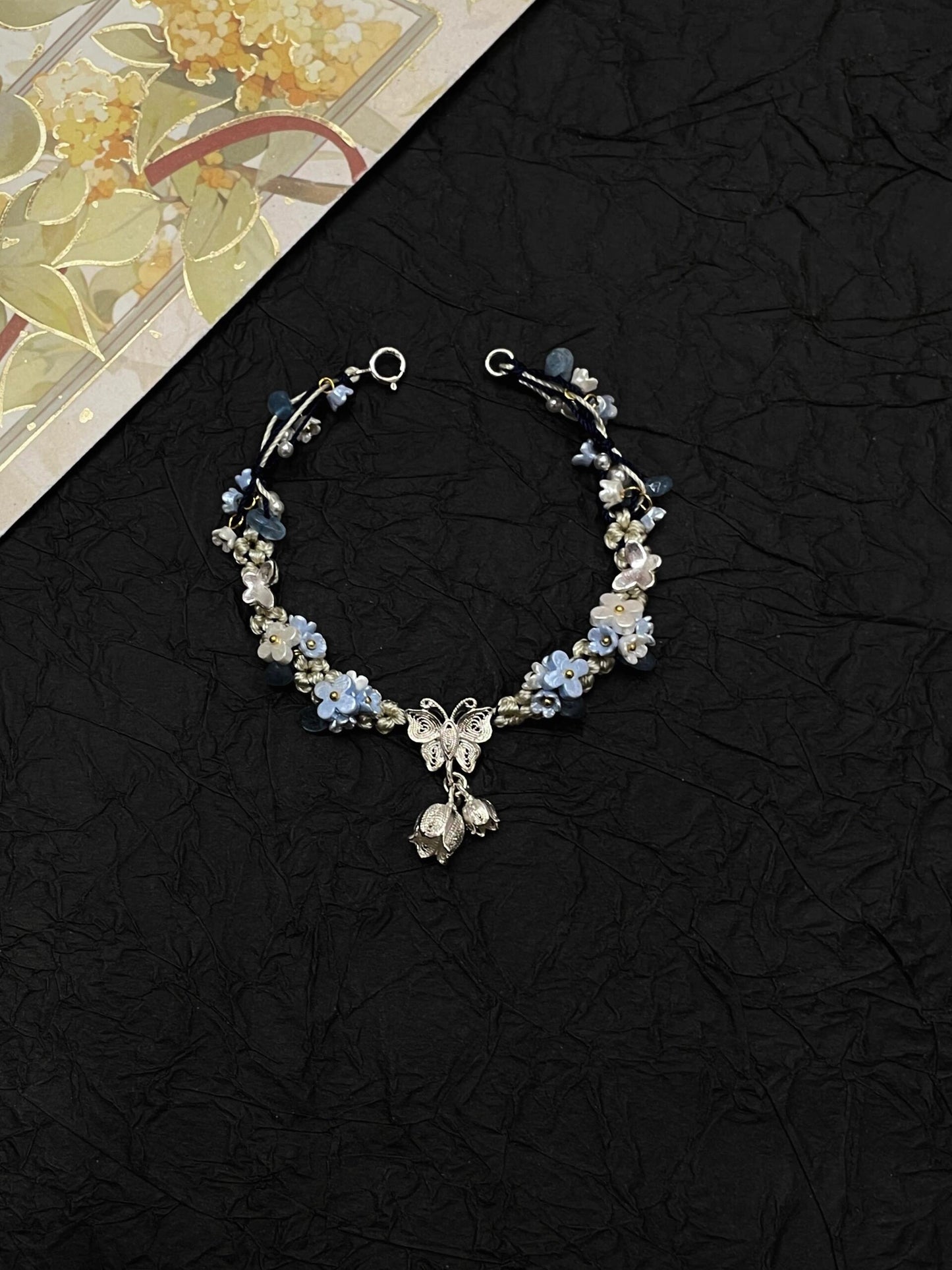 Silver Butterfly in Flowers - Handmade Braided Rope Bracelet