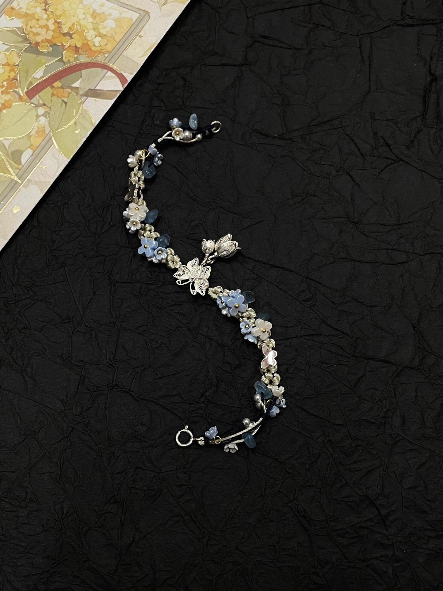 Silver Butterfly in Flowers - Handmade Braided Rope Bracelet