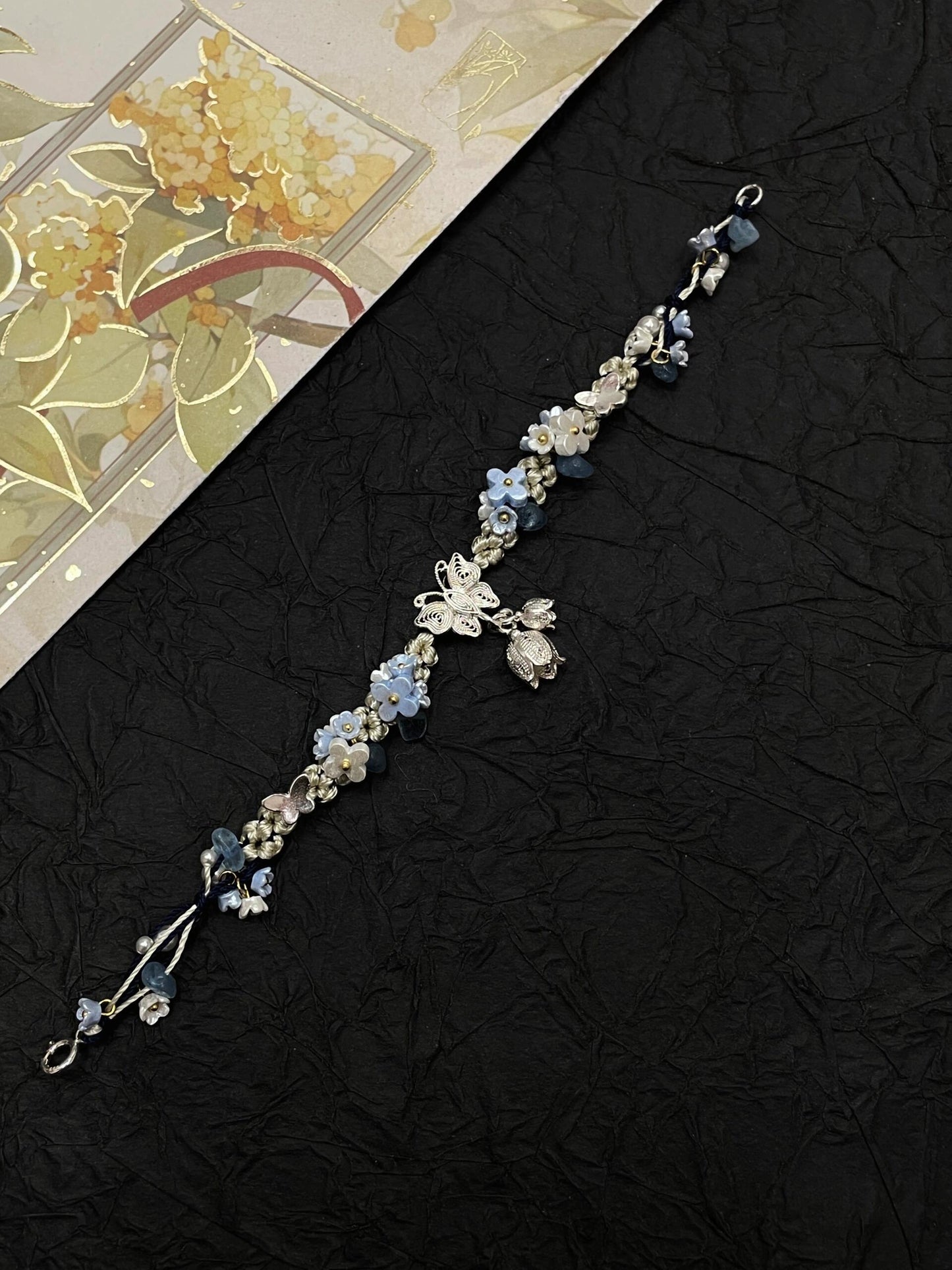 Silver Butterfly in Flowers - Handmade Braided Rope Bracelet
