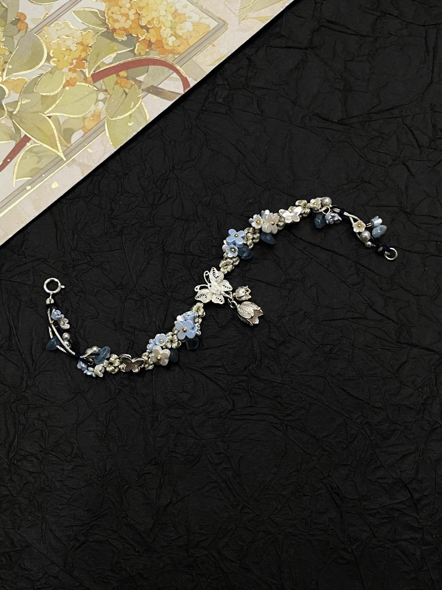 Silver Butterfly in Flowers - Handmade Braided Rope Bracelet