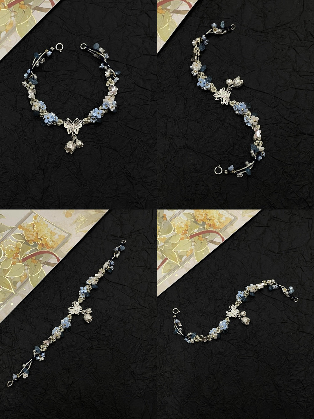 Silver Butterfly in Flowers - Handmade Braided Rope Bracelet