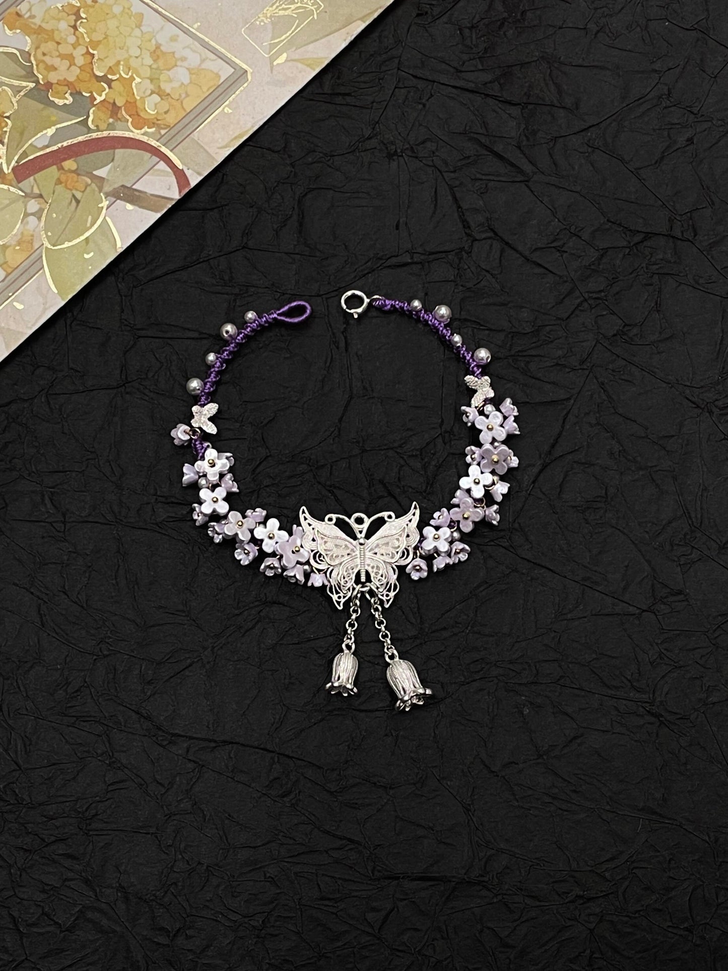 Silver Butterfly in Flowers - Handmade Braided Rope Bracelet