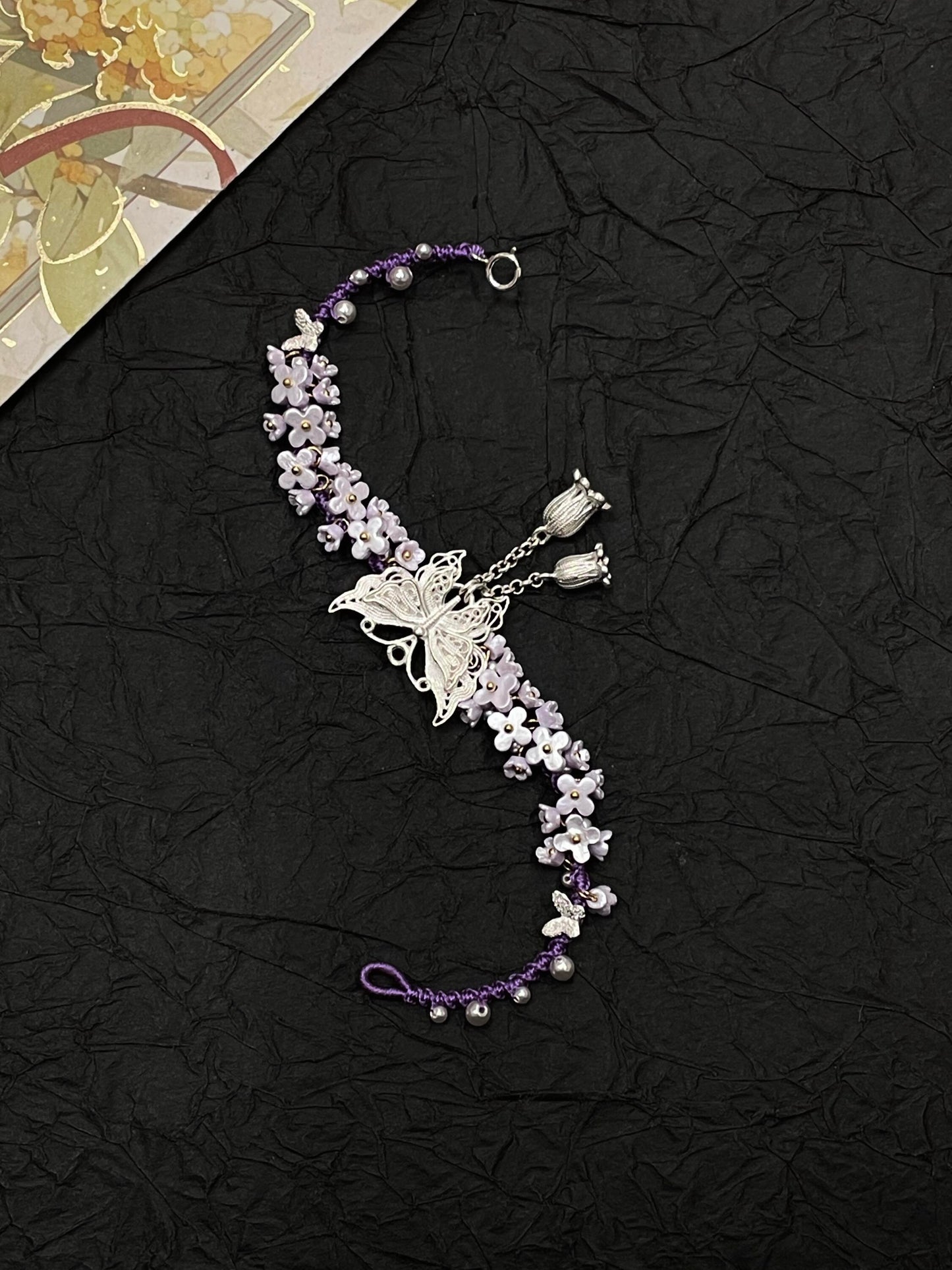 Silver Butterfly in Flowers - Handmade Braided Rope Bracelet