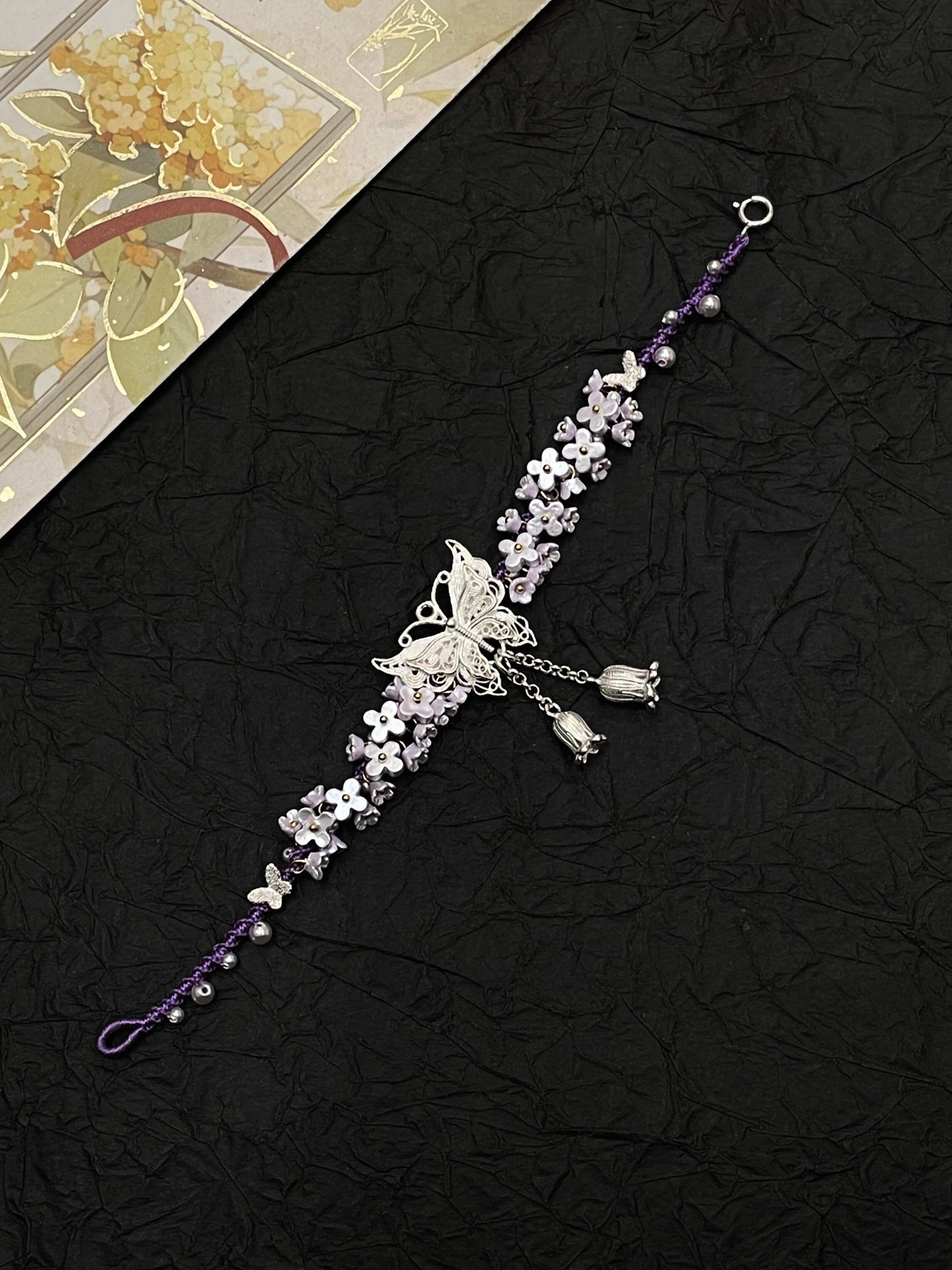 Silver Butterfly in Flowers - Handmade Braided Rope Bracelet