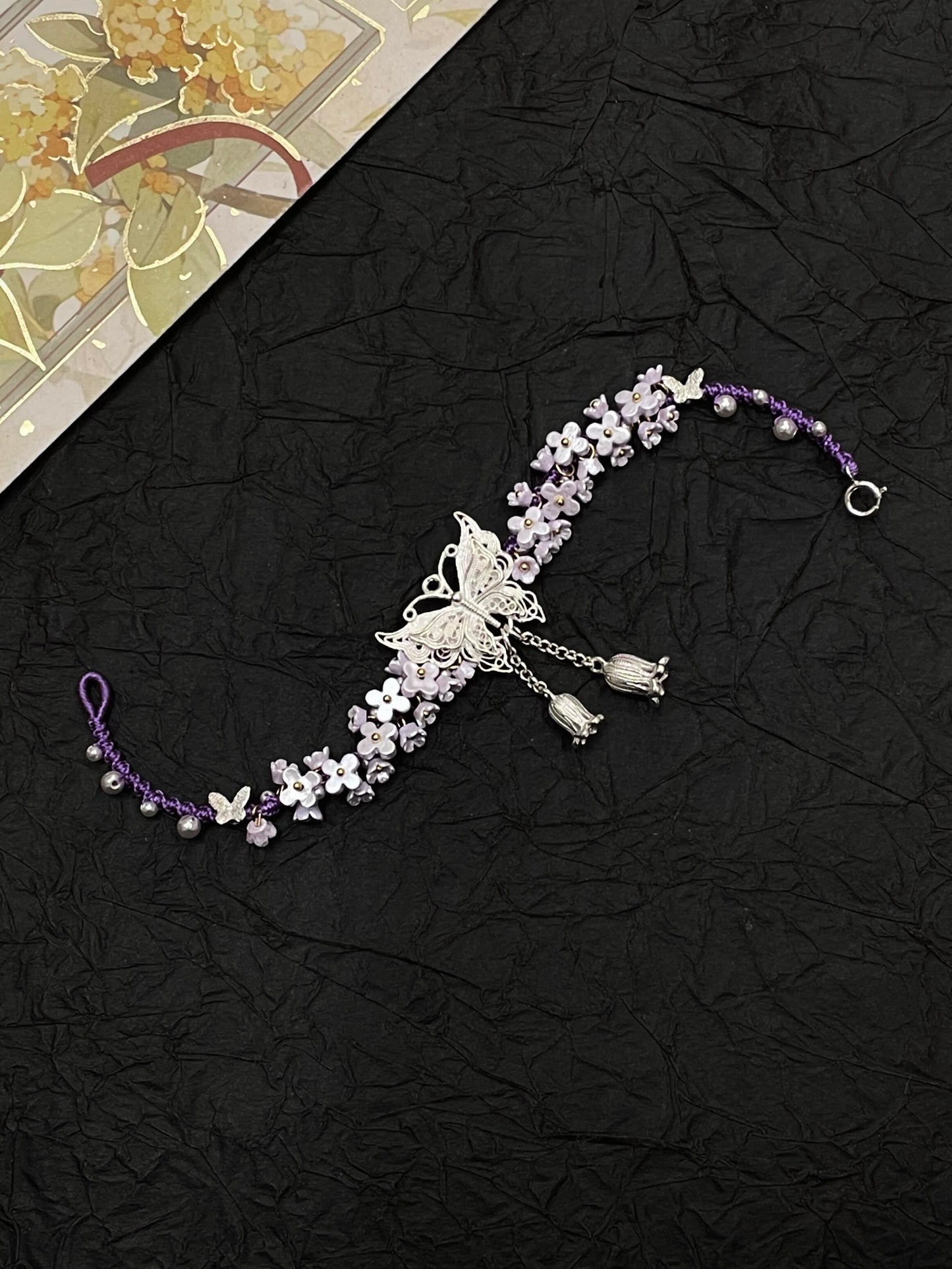Silver Butterfly in Flowers - Handmade Braided Rope Bracelet