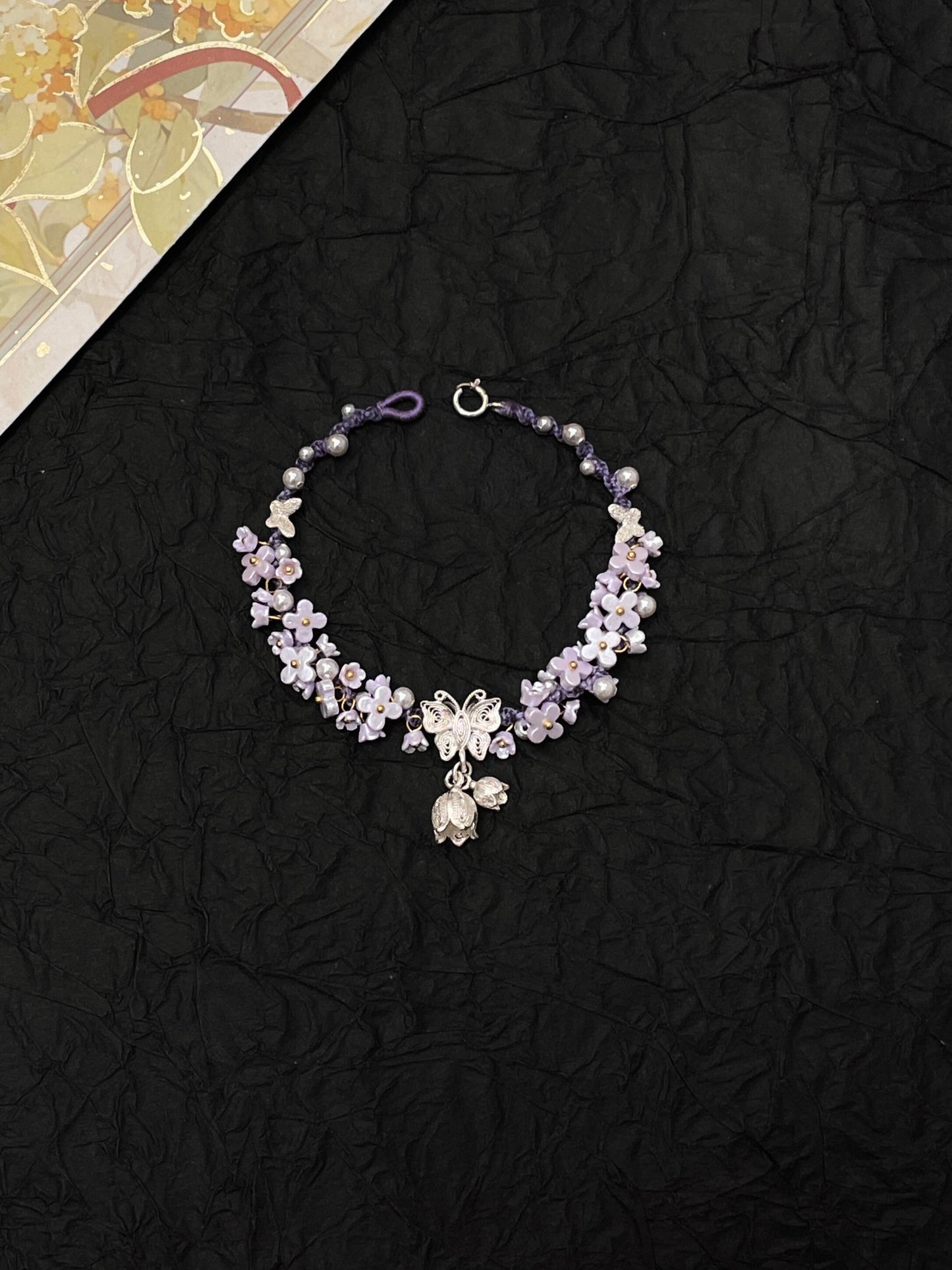 Silver Butterfly in Flowers - Handmade Braided Rope Bracelet
