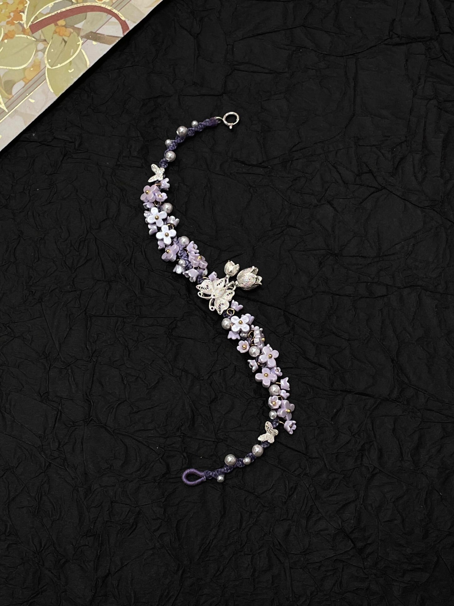 Silver Butterfly in Flowers - Handmade Braided Rope Bracelet