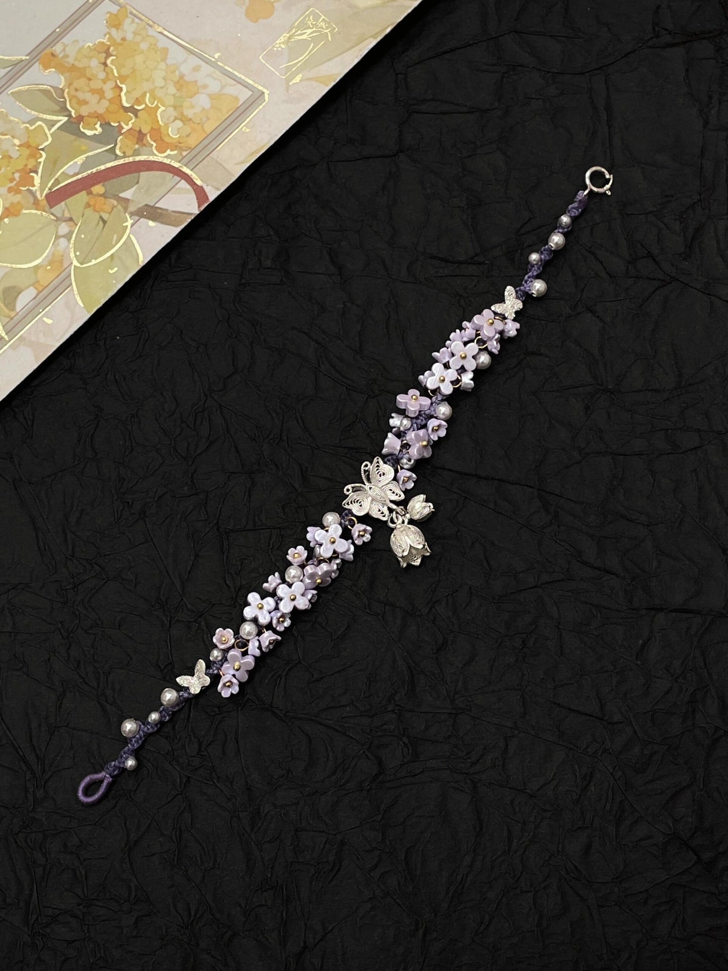 Silver Butterfly in Flowers - Handmade Braided Rope Bracelet