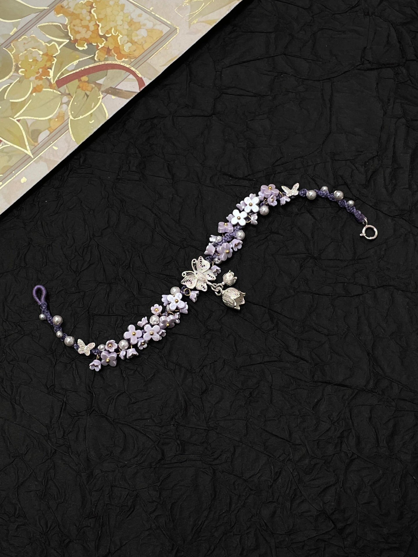Silver Butterfly in Flowers - Handmade Braided Rope Bracelet