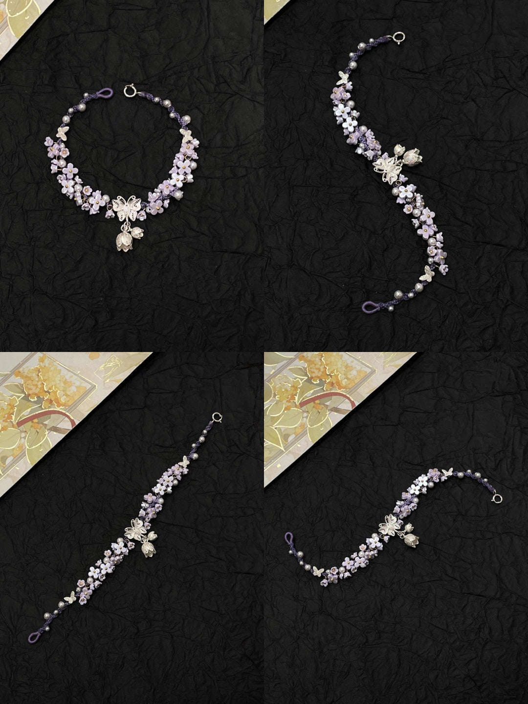 Silver Butterfly in Flowers - Handmade Braided Rope Bracelet