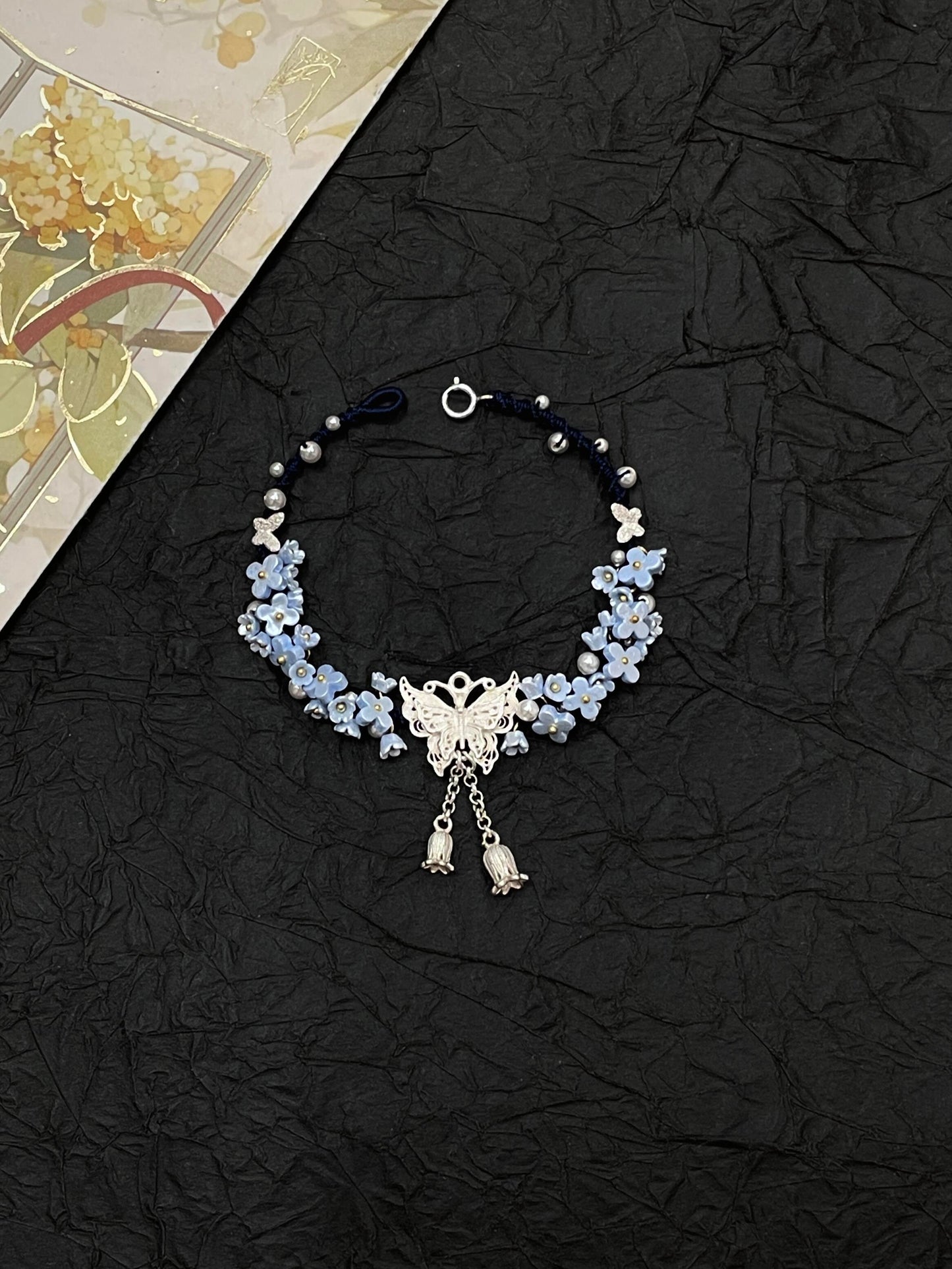 Silver Butterfly in Flowers - Handmade Braided Rope Bracelet