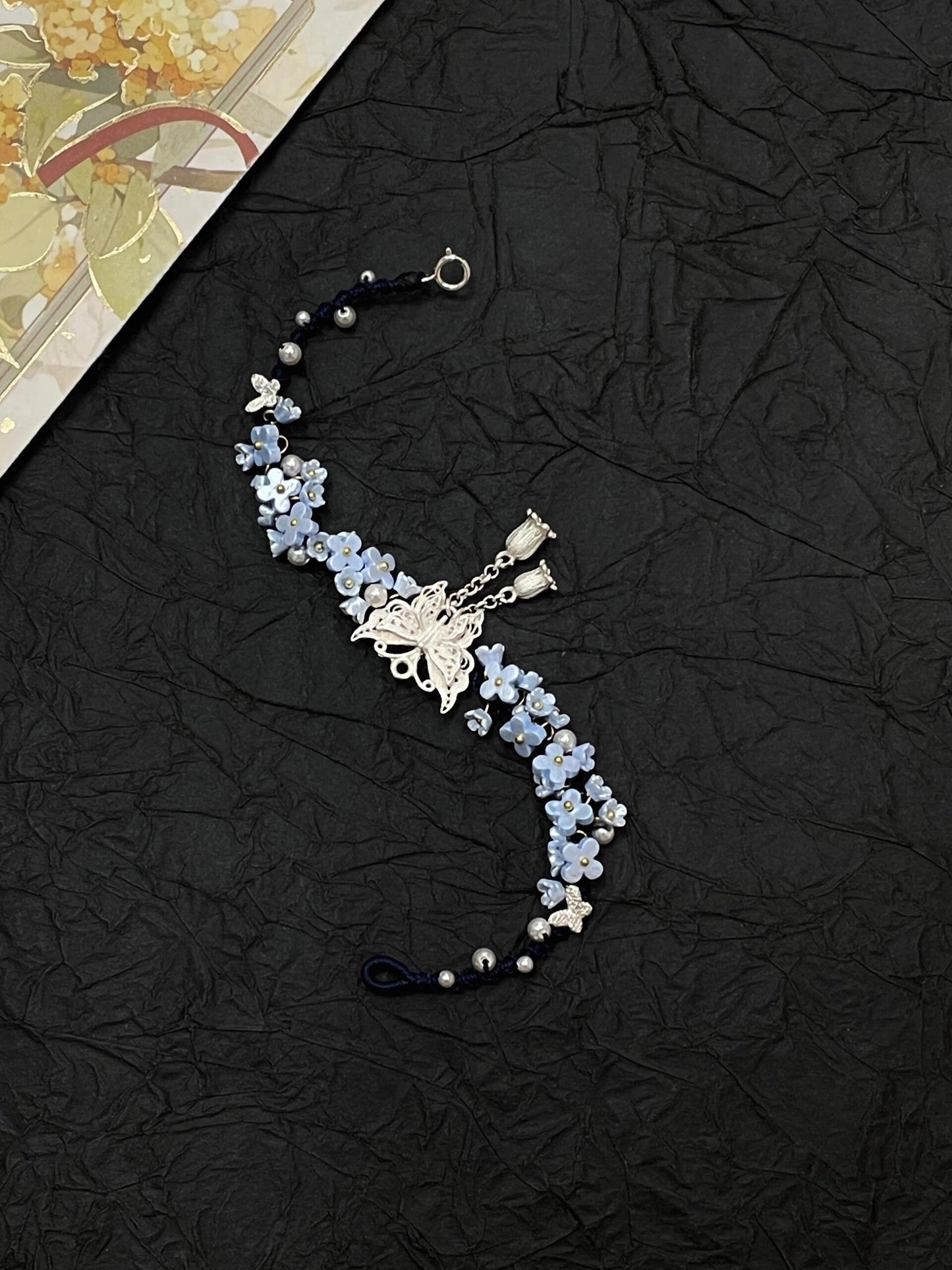 Silver Butterfly in Flowers - Handmade Braided Rope Bracelet