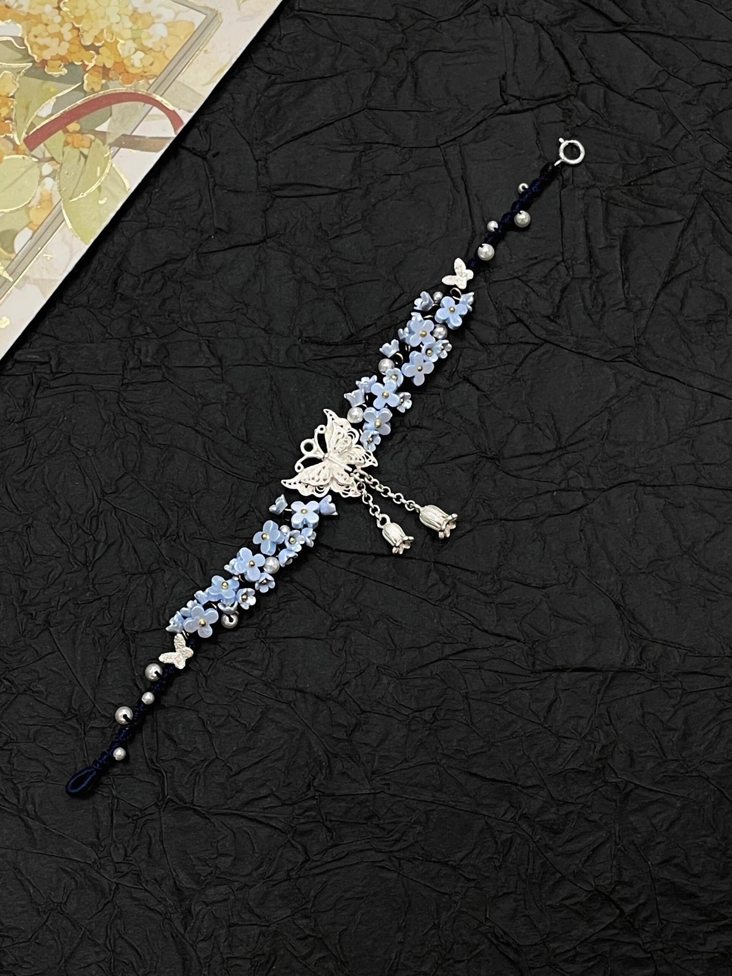 Silver Butterfly in Flowers - Handmade Braided Rope Bracelet
