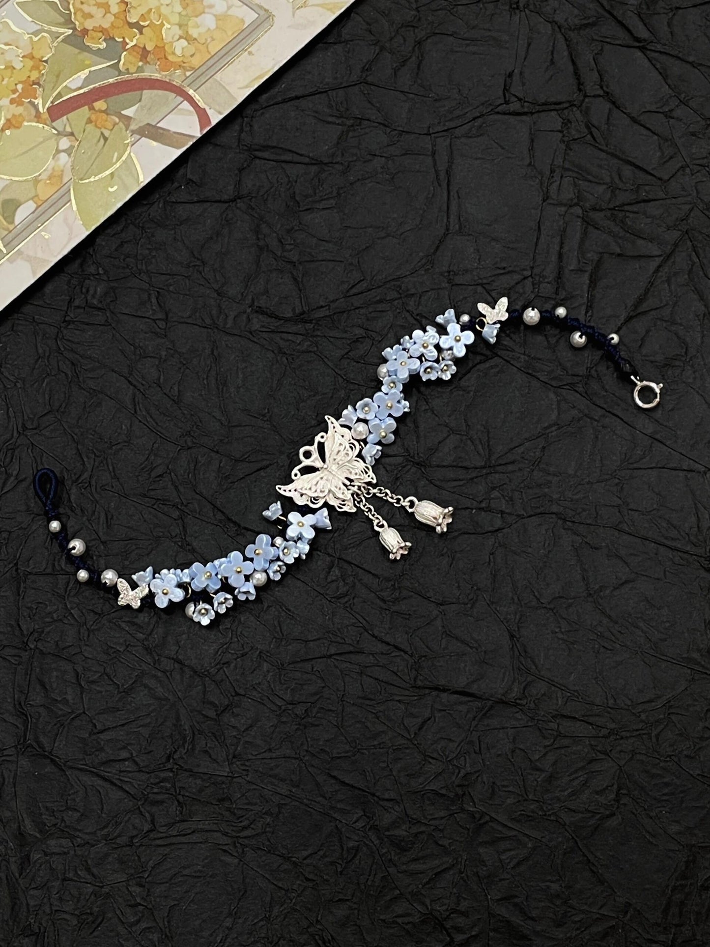 Silver Butterfly in Flowers - Handmade Braided Rope Bracelet