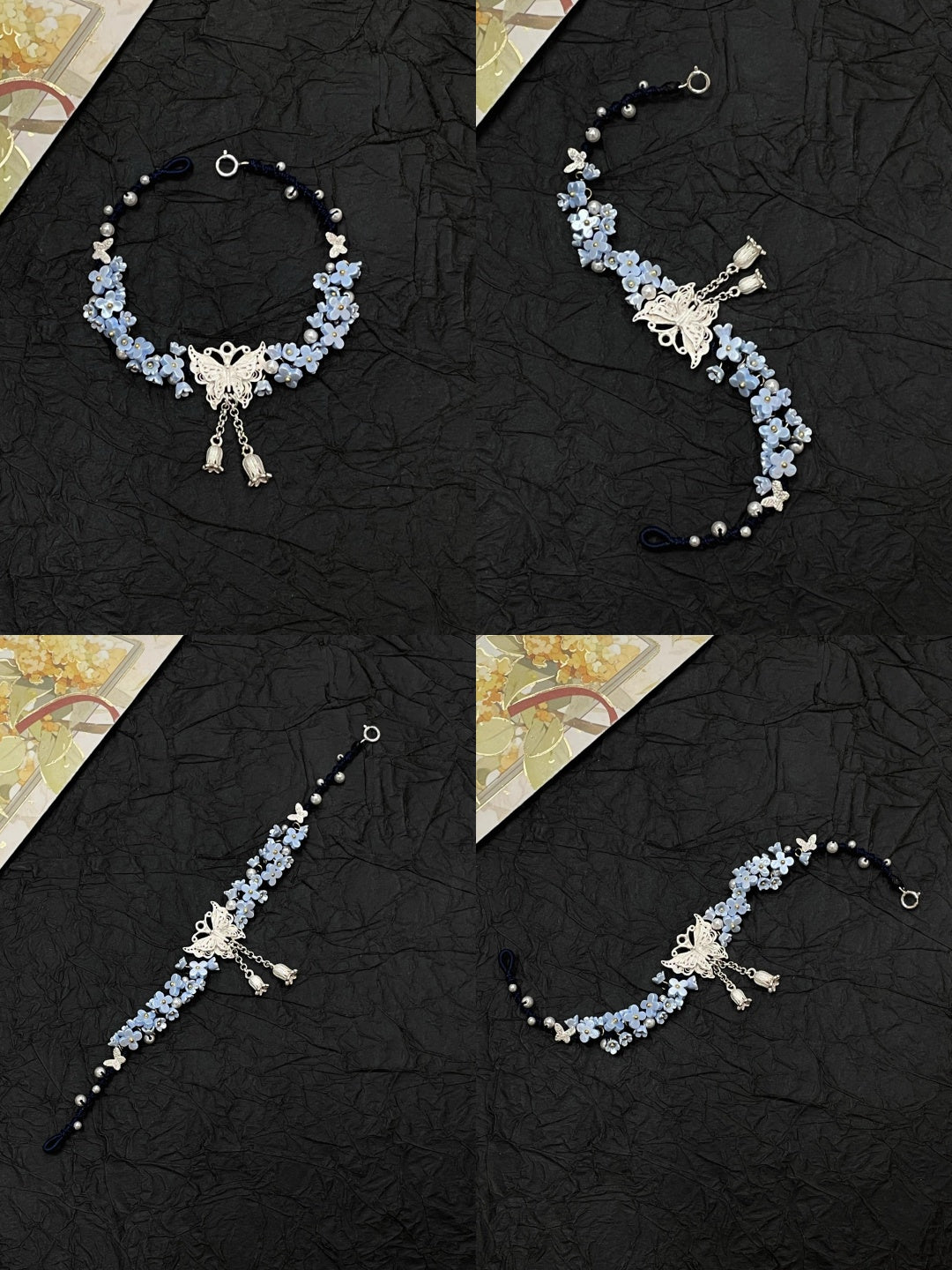 Silver Butterfly in Flowers - Handmade Braided Rope Bracelet
