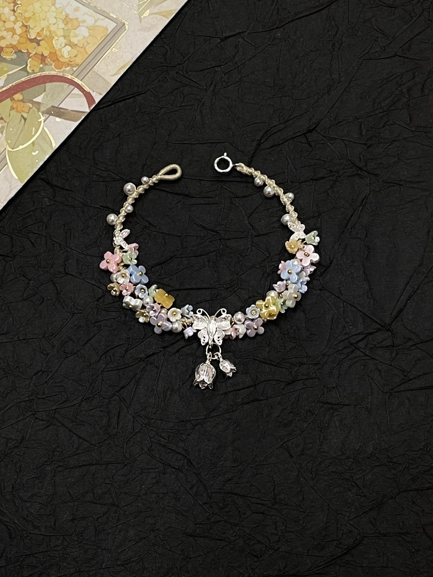 Silver Butterfly in Flowers - Handmade Braided Rope Bracelet
