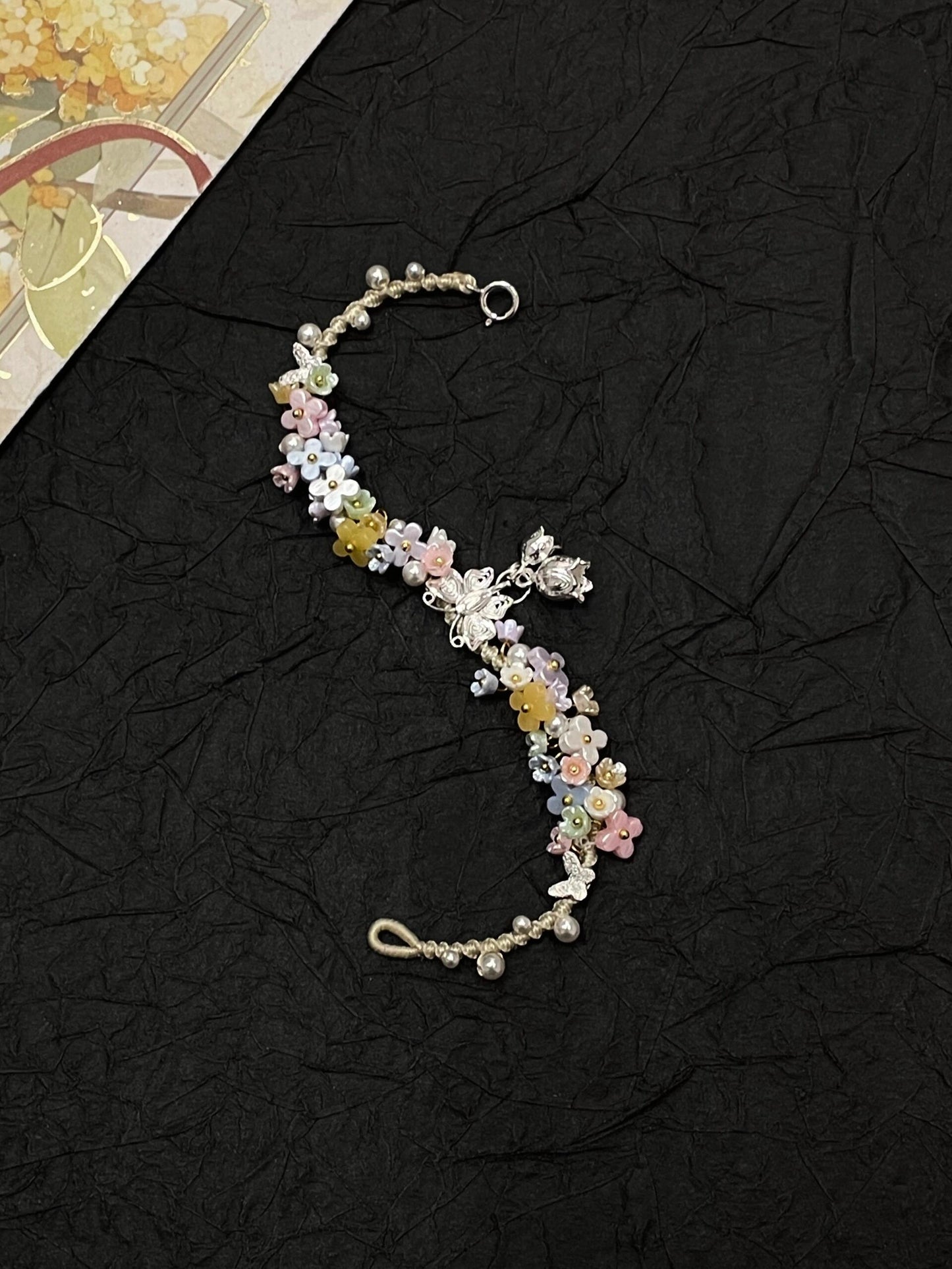 Silver Butterfly in Flowers - Handmade Braided Rope Bracelet