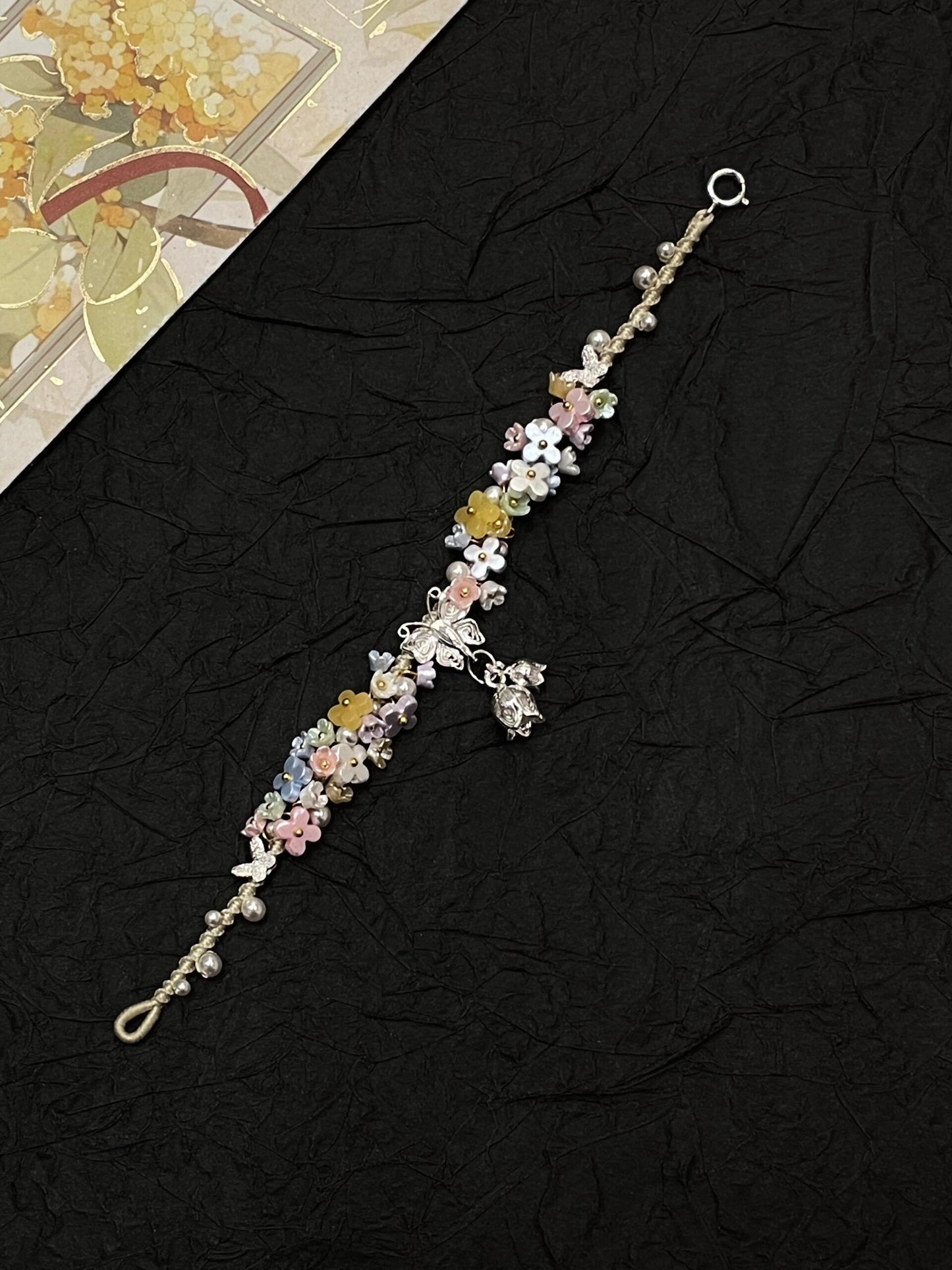 Silver Butterfly in Flowers - Handmade Braided Rope Bracelet