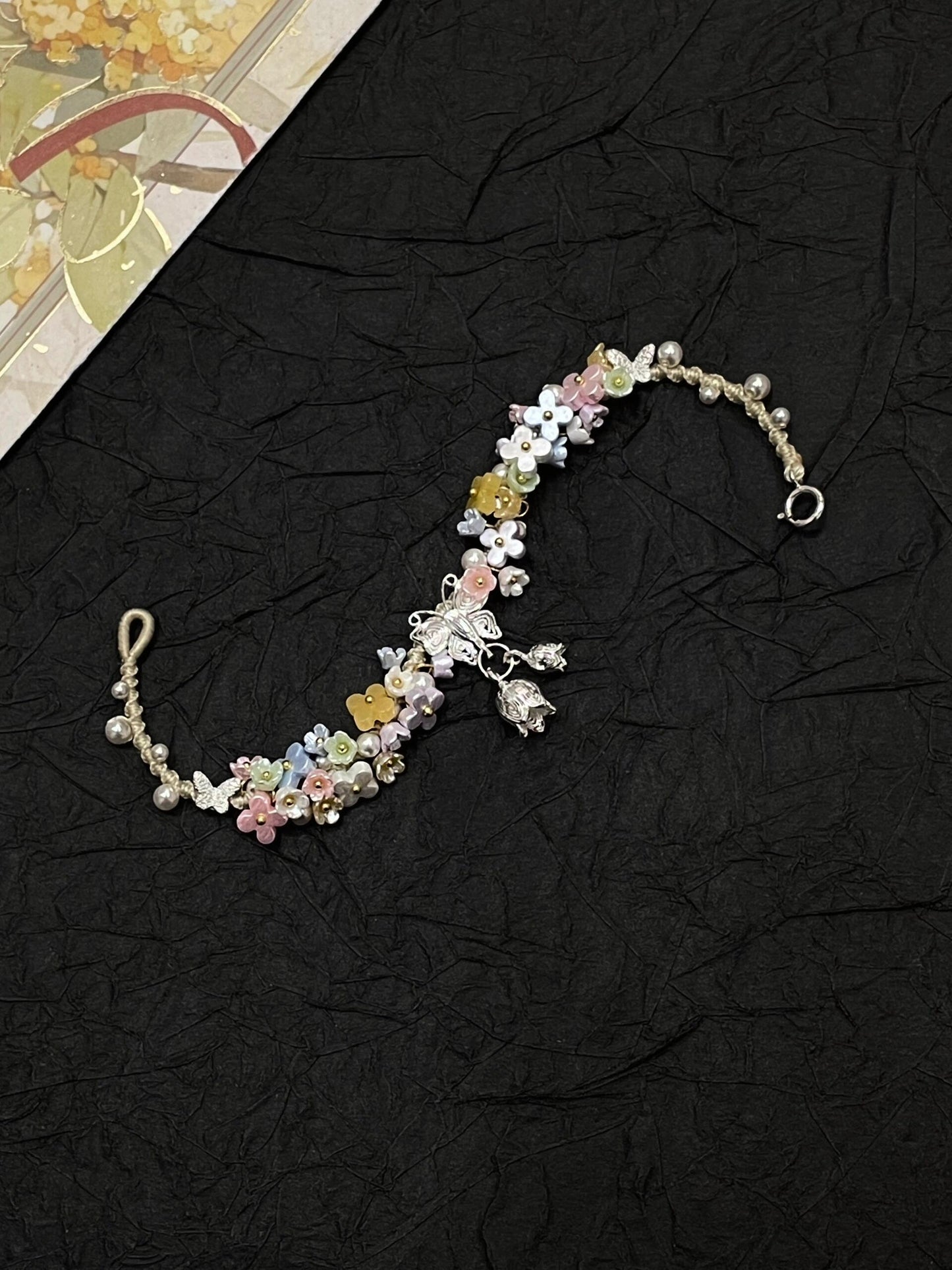Silver Butterfly in Flowers - Handmade Braided Rope Bracelet