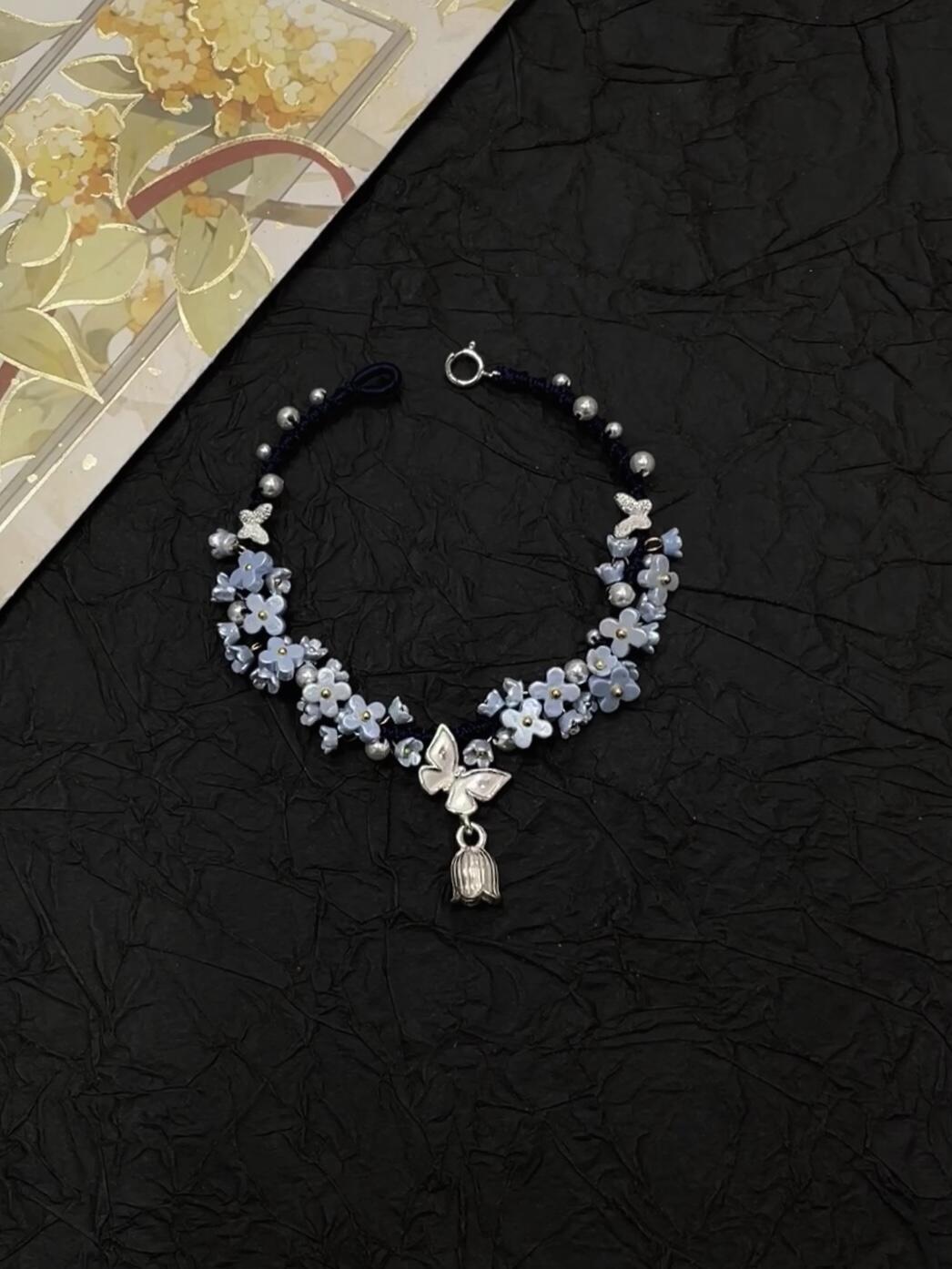 Silver Butterfly in Flowers - Handmade Braided Rope Bracelet