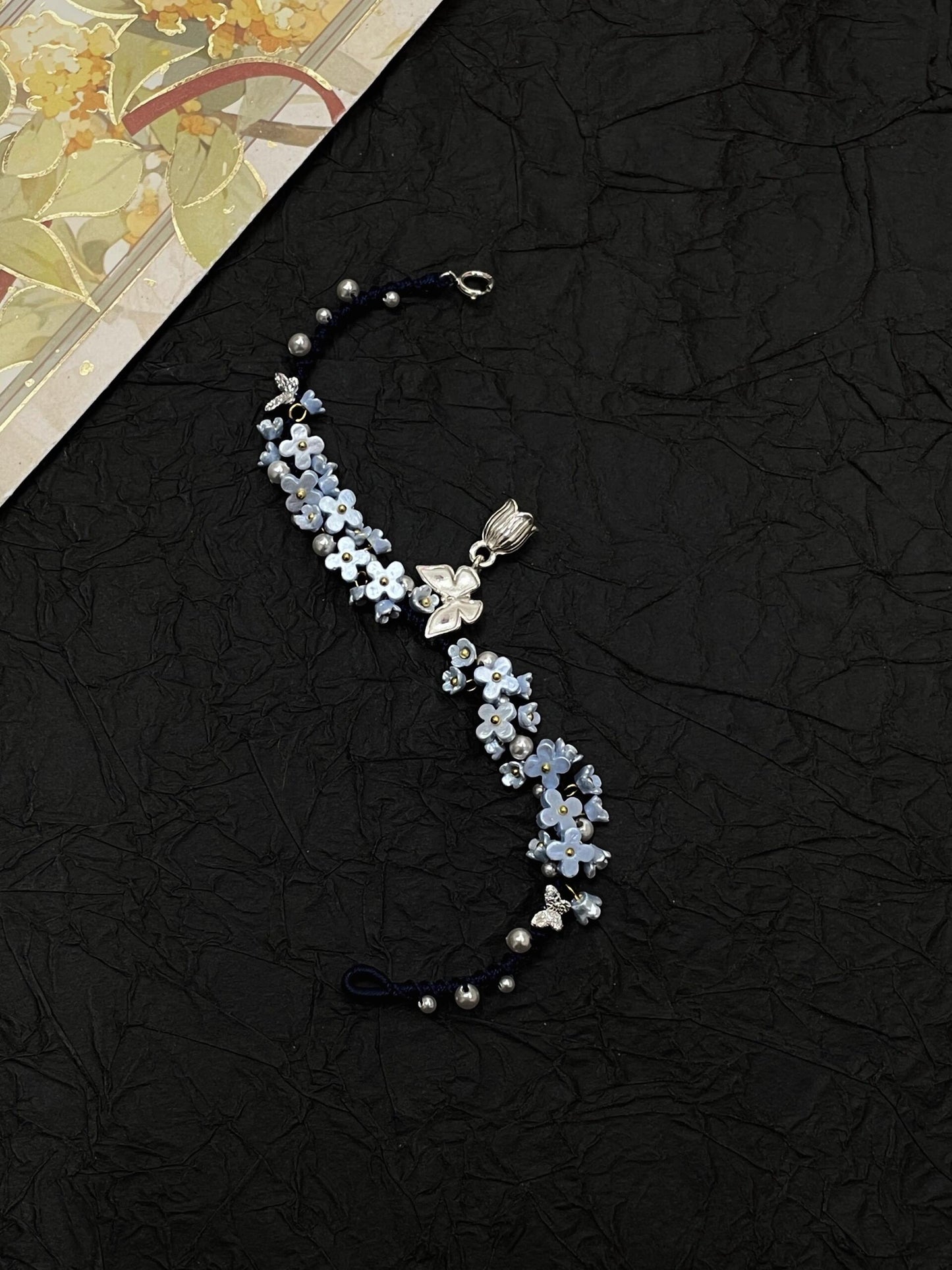 Silver Butterfly in Flowers - Handmade Braided Rope Bracelet