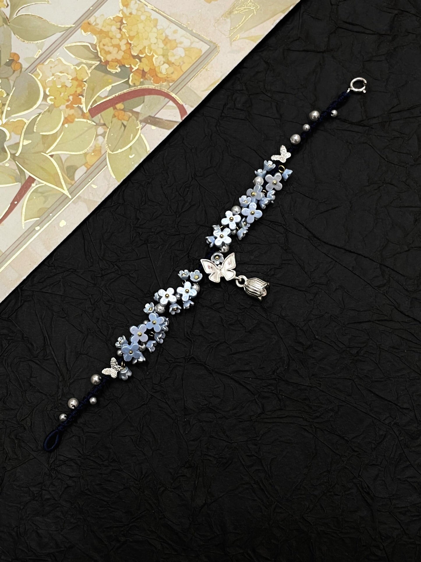 Silver Butterfly in Flowers - Handmade Braided Rope Bracelet