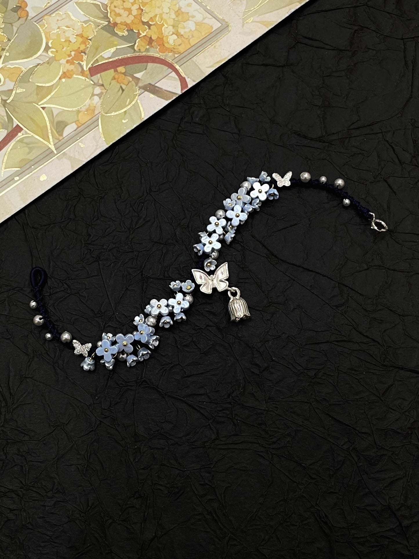 Silver Butterfly in Flowers - Handmade Braided Rope Bracelet