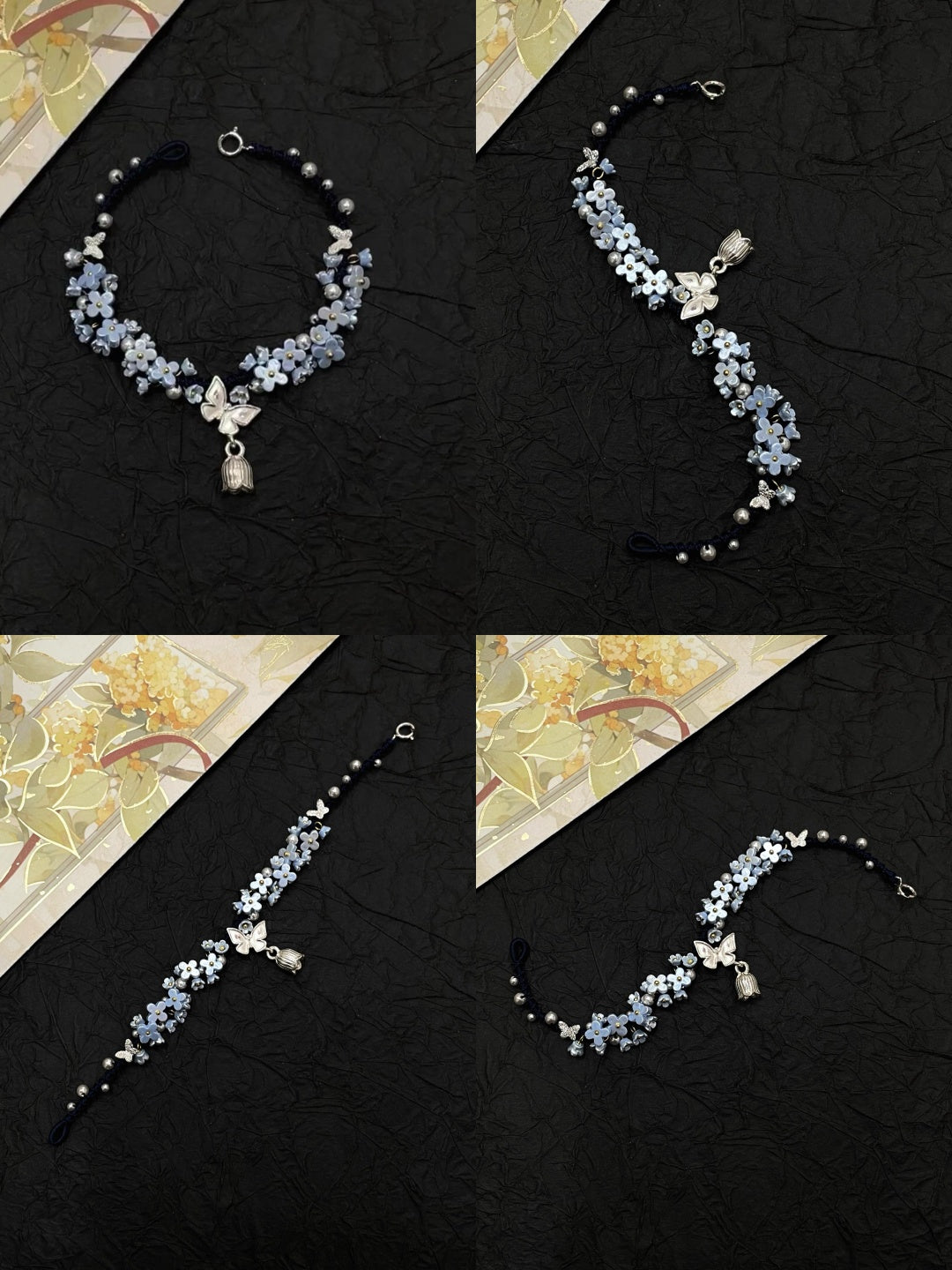 Silver Butterfly in Flowers - Handmade Braided Rope Bracelet