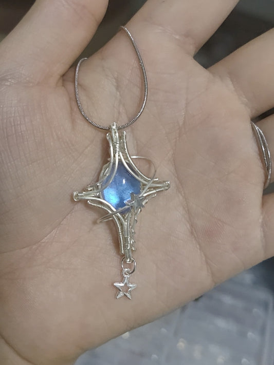Morpho Butterfly Wing Cross Star Pendant Necklace