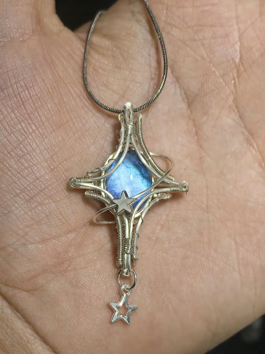 Morpho Butterfly Wing Cross Star Pendant Necklace